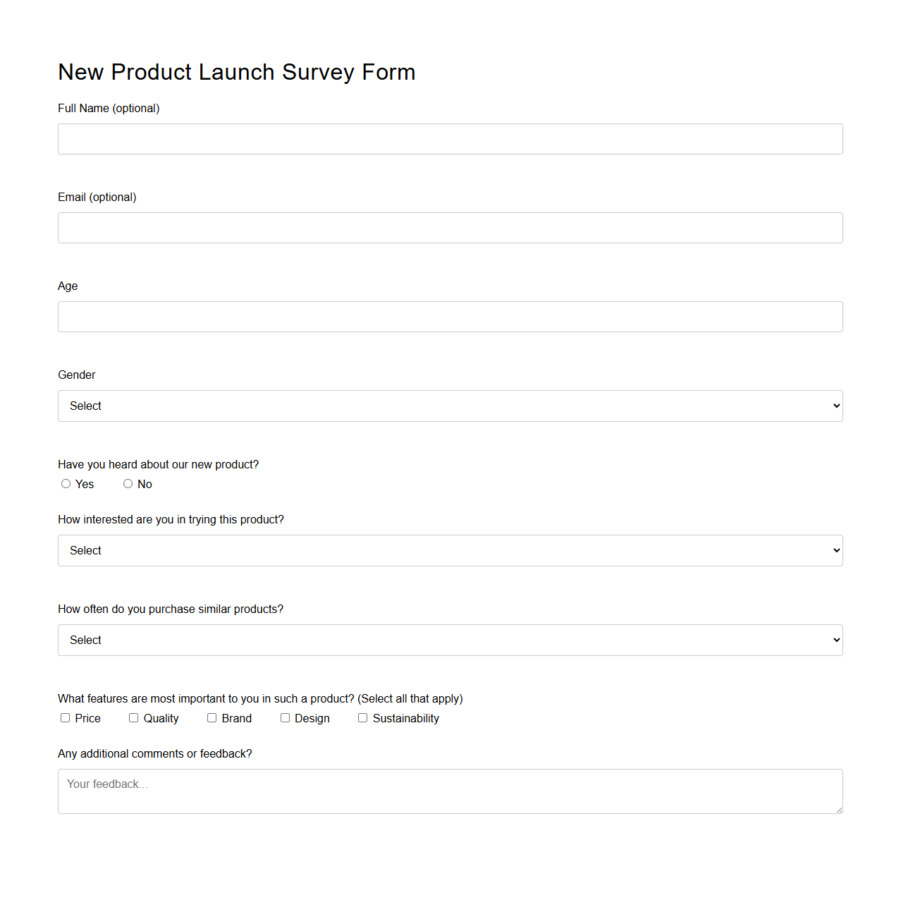 Blank New Product Launch Survey Form for Consumer Research