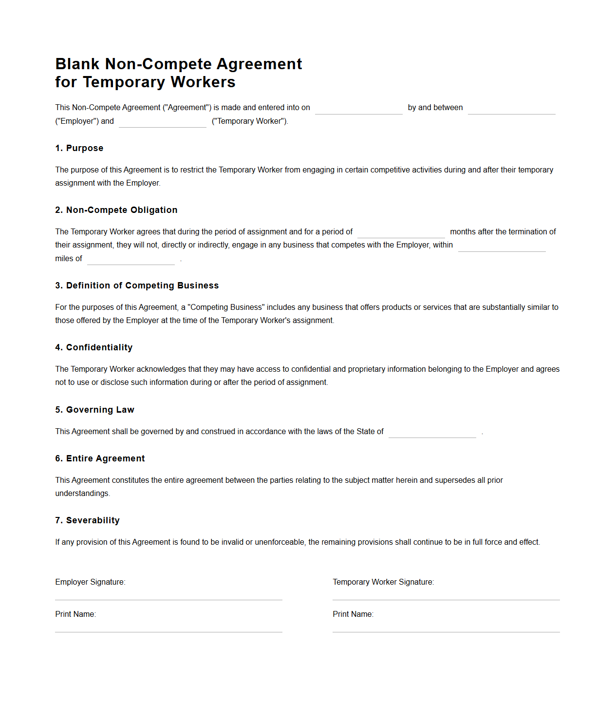 Blank Non-Compete Agreement Template for Temporary Workers