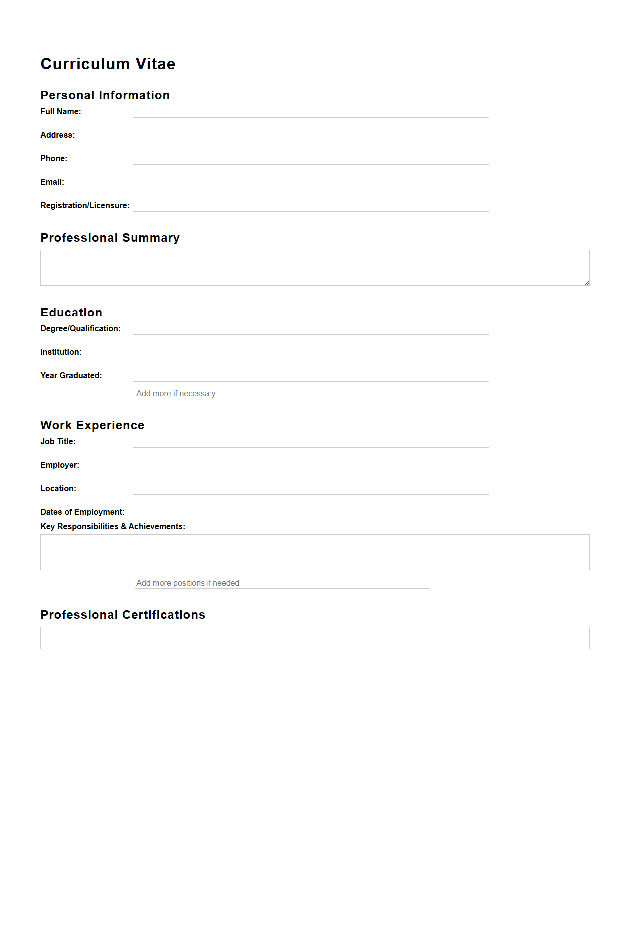 Blank Nursing CV Template for Experienced Nurses