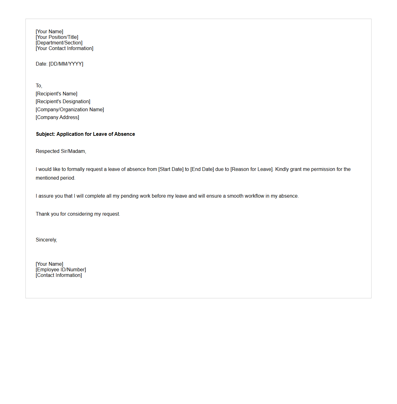 Blank Official Leave of Absence Letter Format
