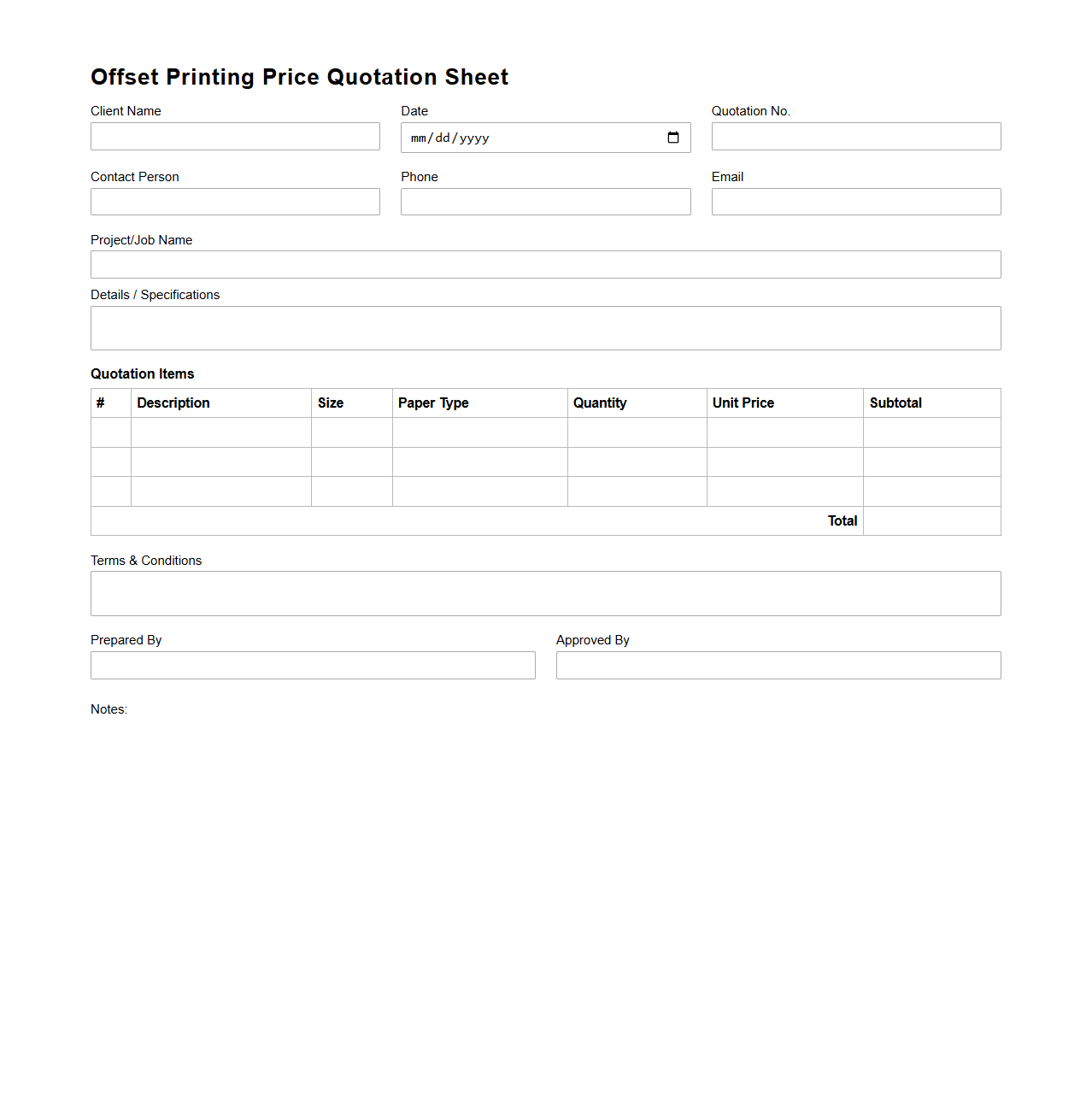 Blank Offset Printing Price Quotation Sheet