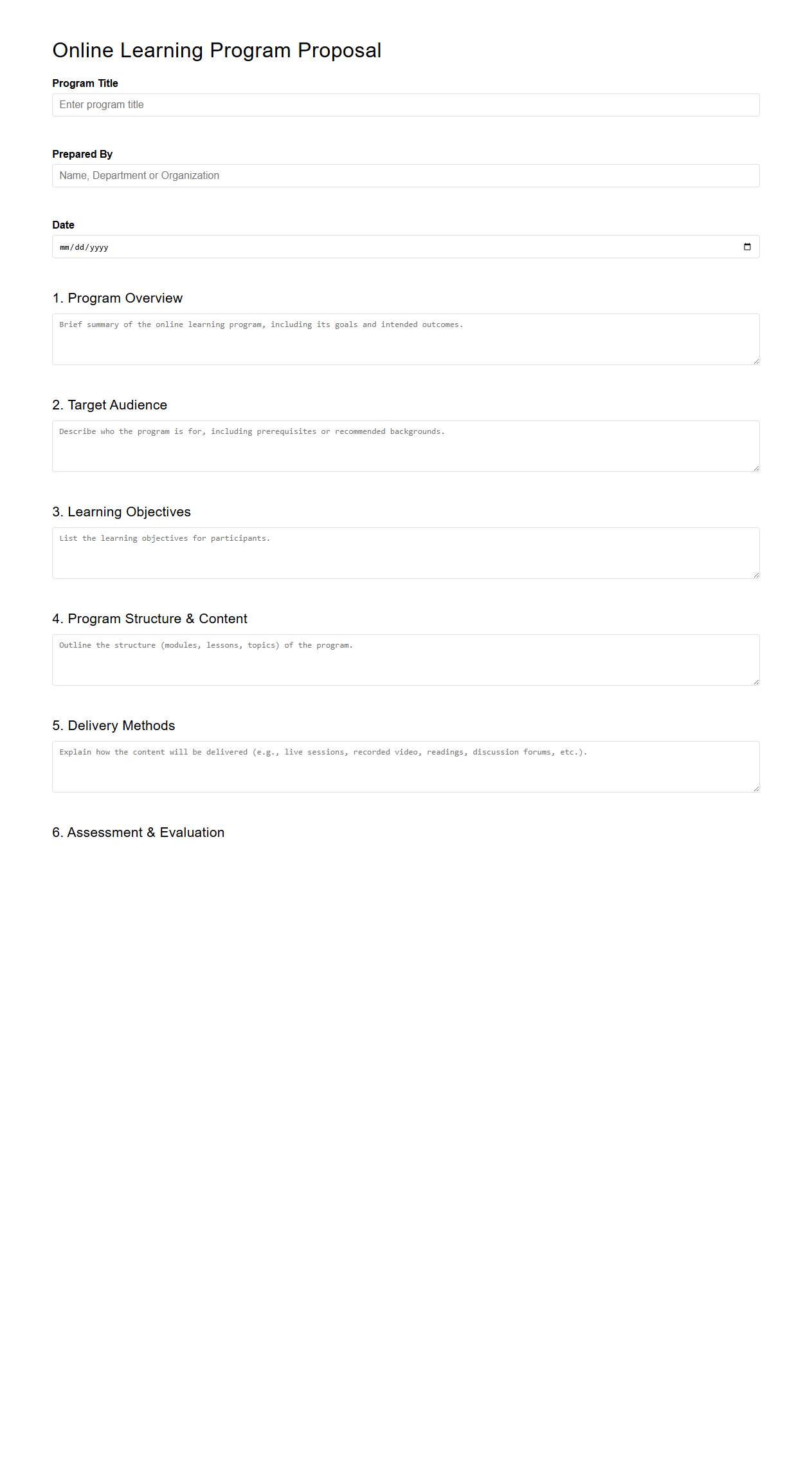 Blank Online Learning Program Proposal Template