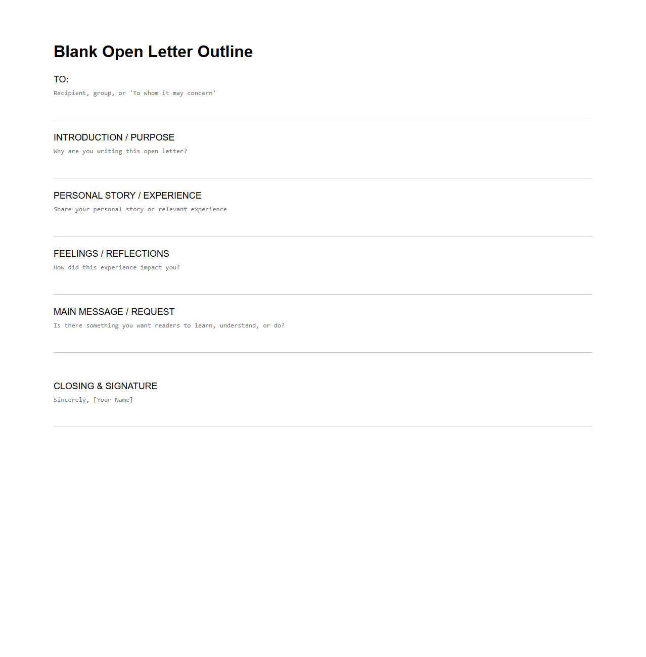 Blank Open Letter Outline for Personal Sharing