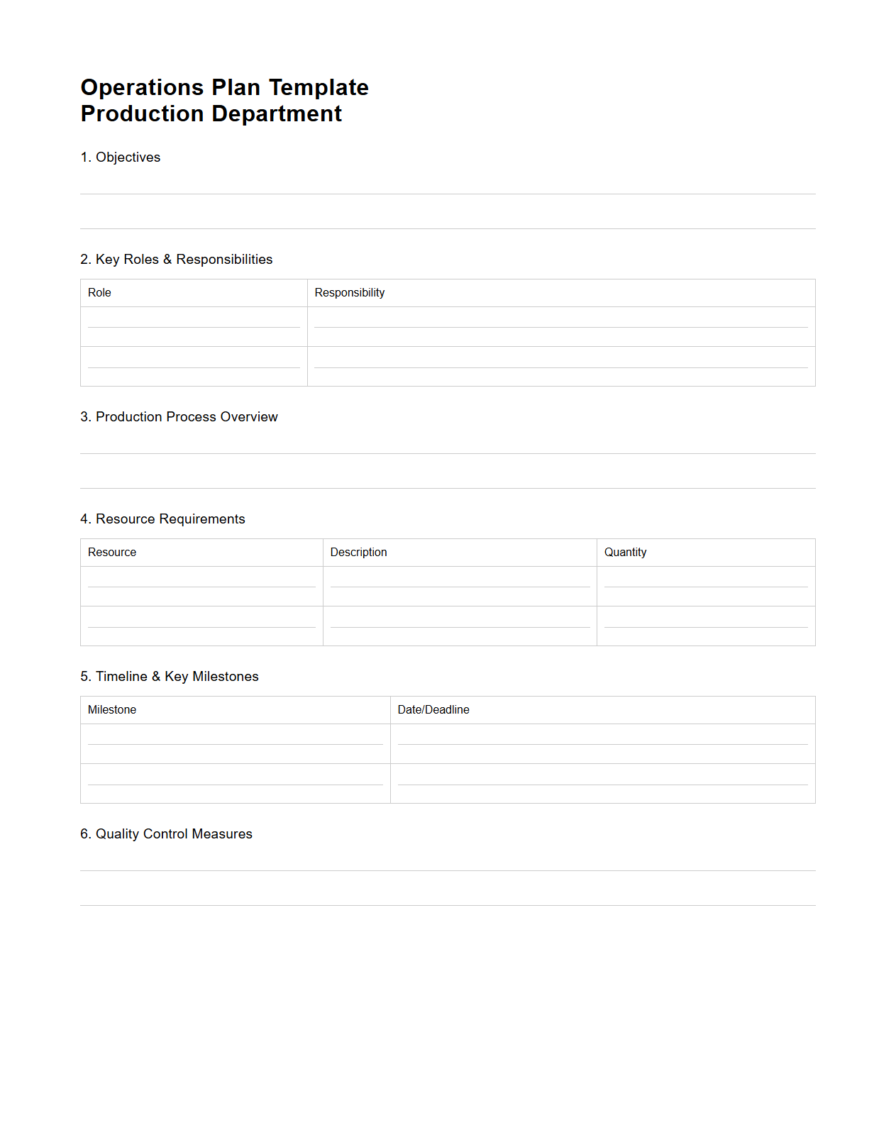 Blank Operations Plan Template for Production Department