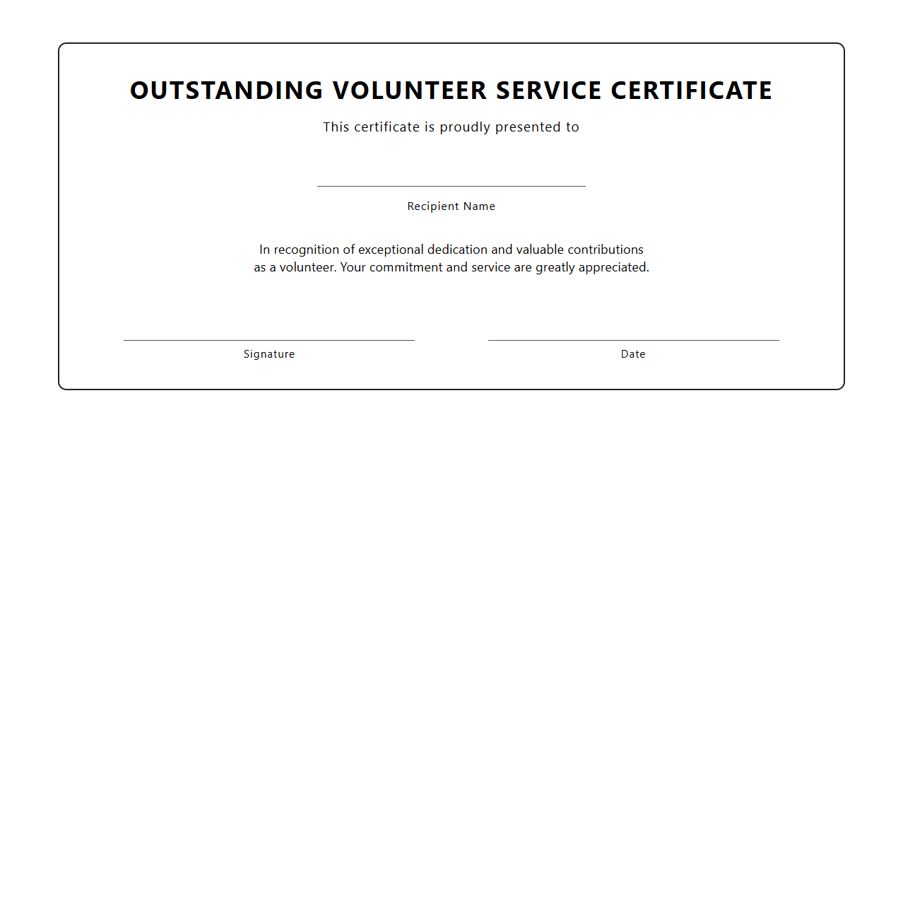 Blank Outstanding Volunteer Service Certificate