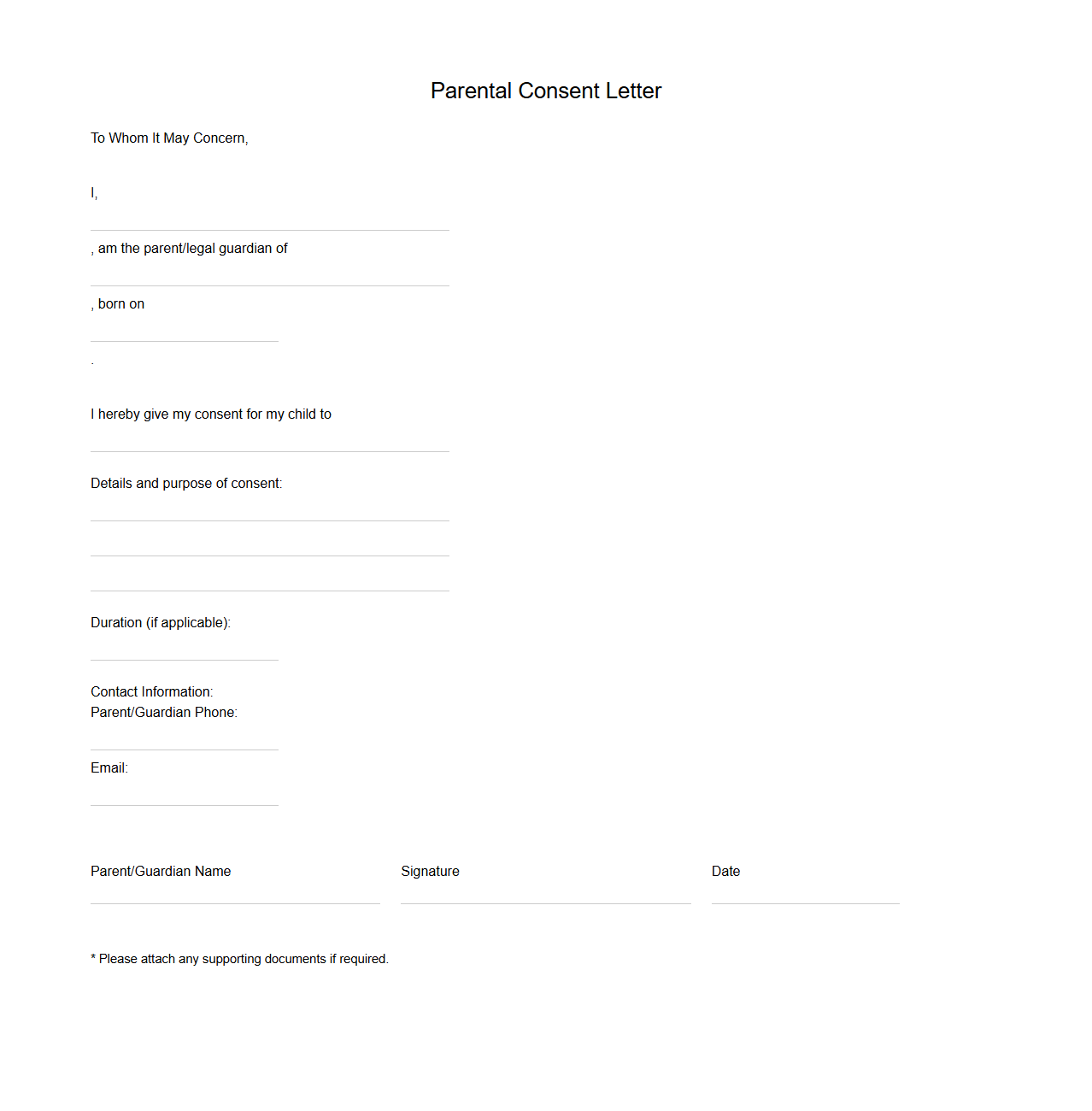Blank Parental Consent Letter Template
