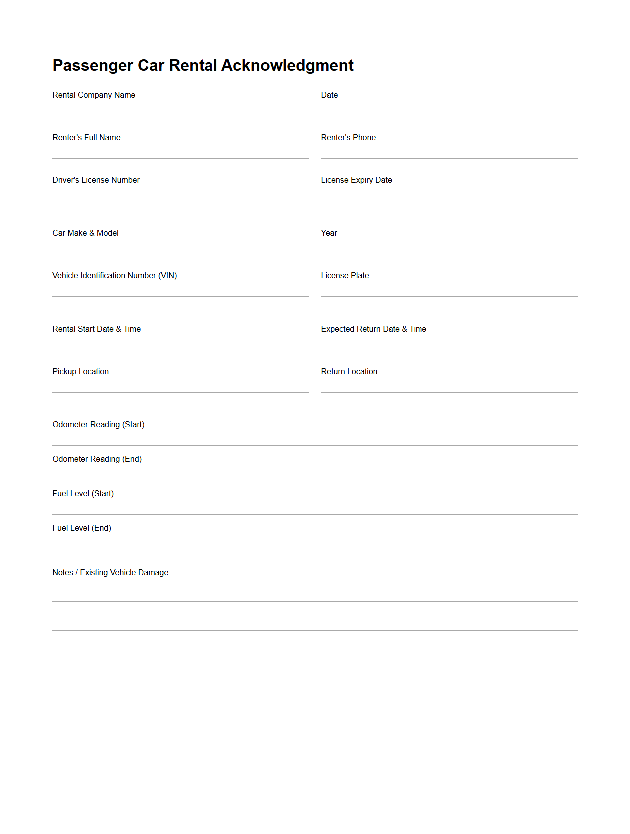 Blank Passenger Car Rental Acknowledgment Template