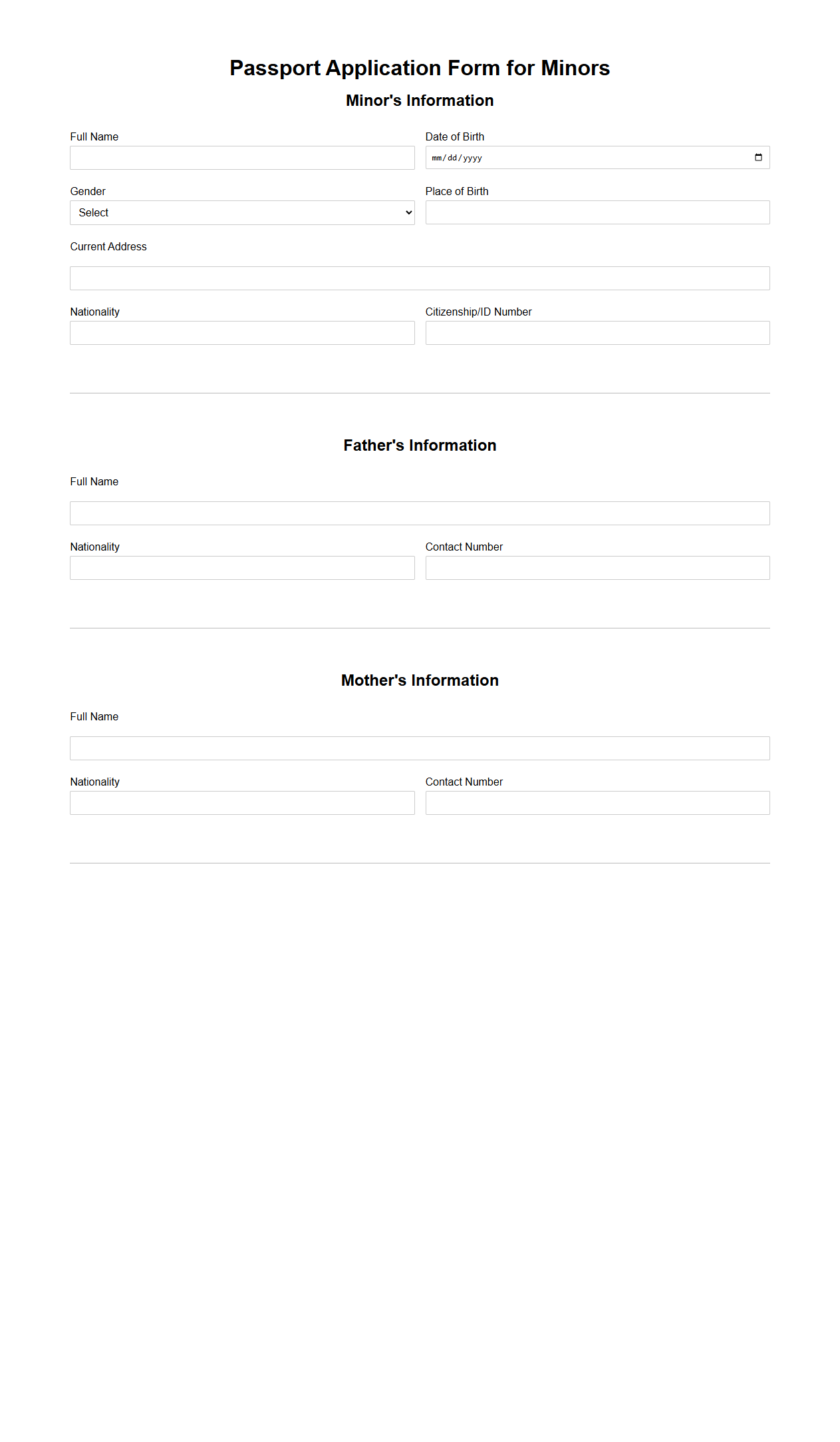 Blank Passport Application Form for Minors Template