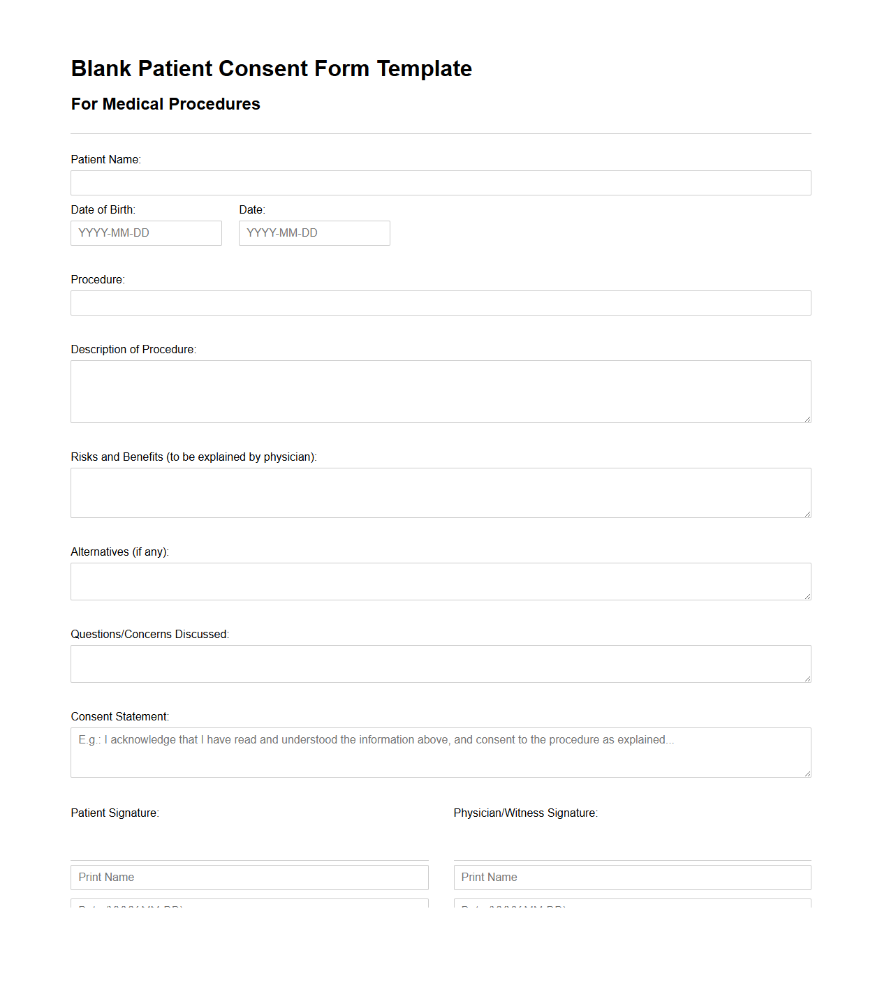Blank Patient Consent Form Template for Medical Procedures
