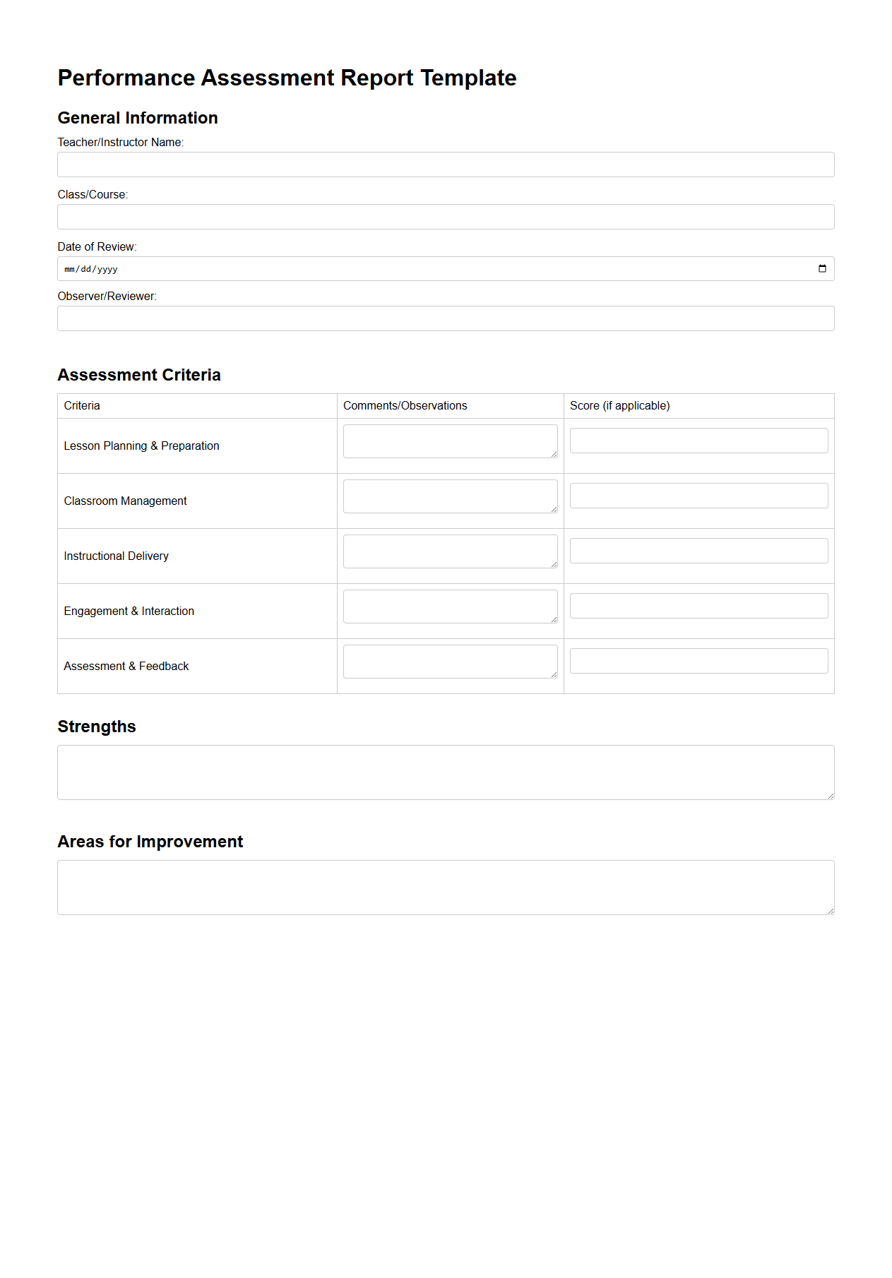 Blank Performance Assessment Report Template for Classroom Reviews