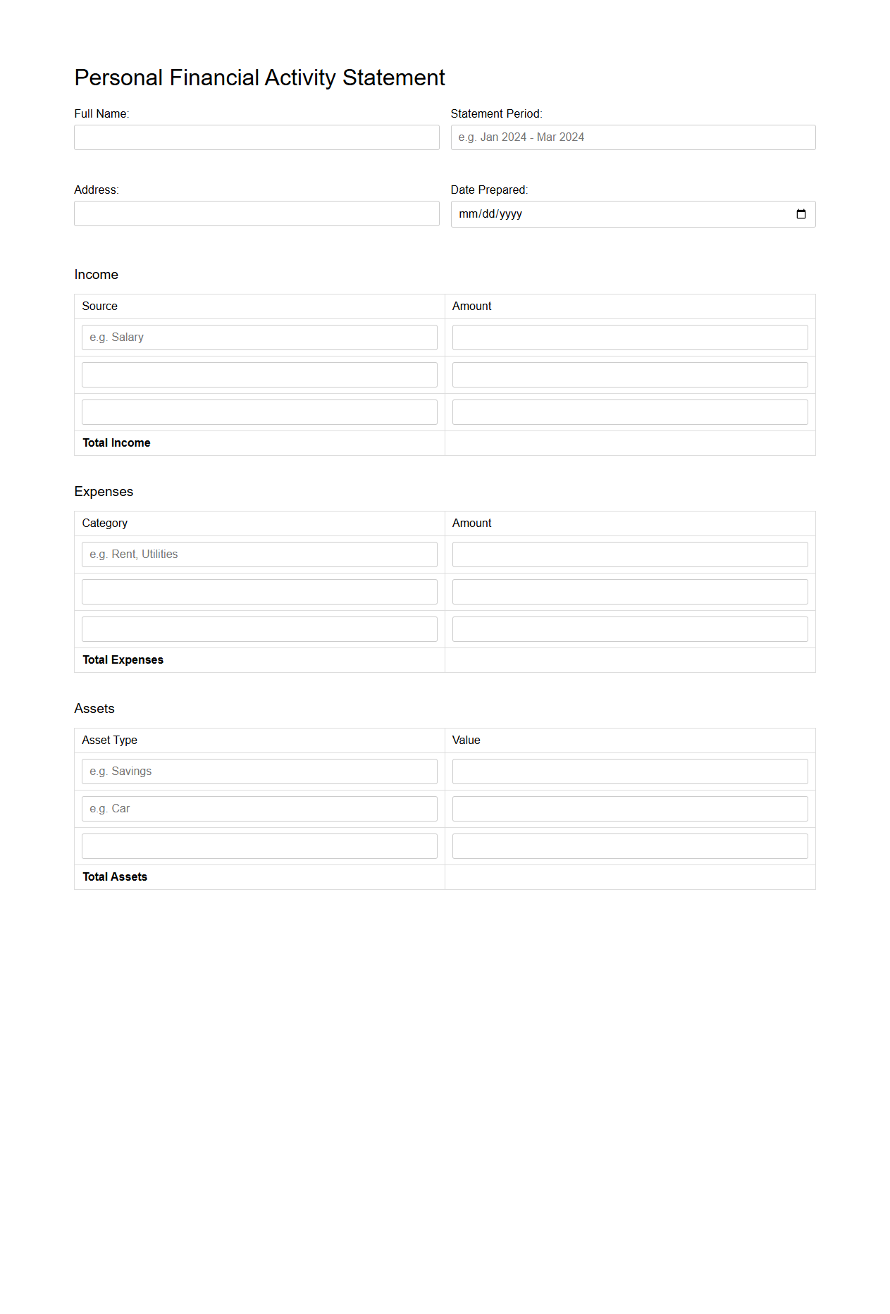 Blank Personal Financial Activity Statement Template