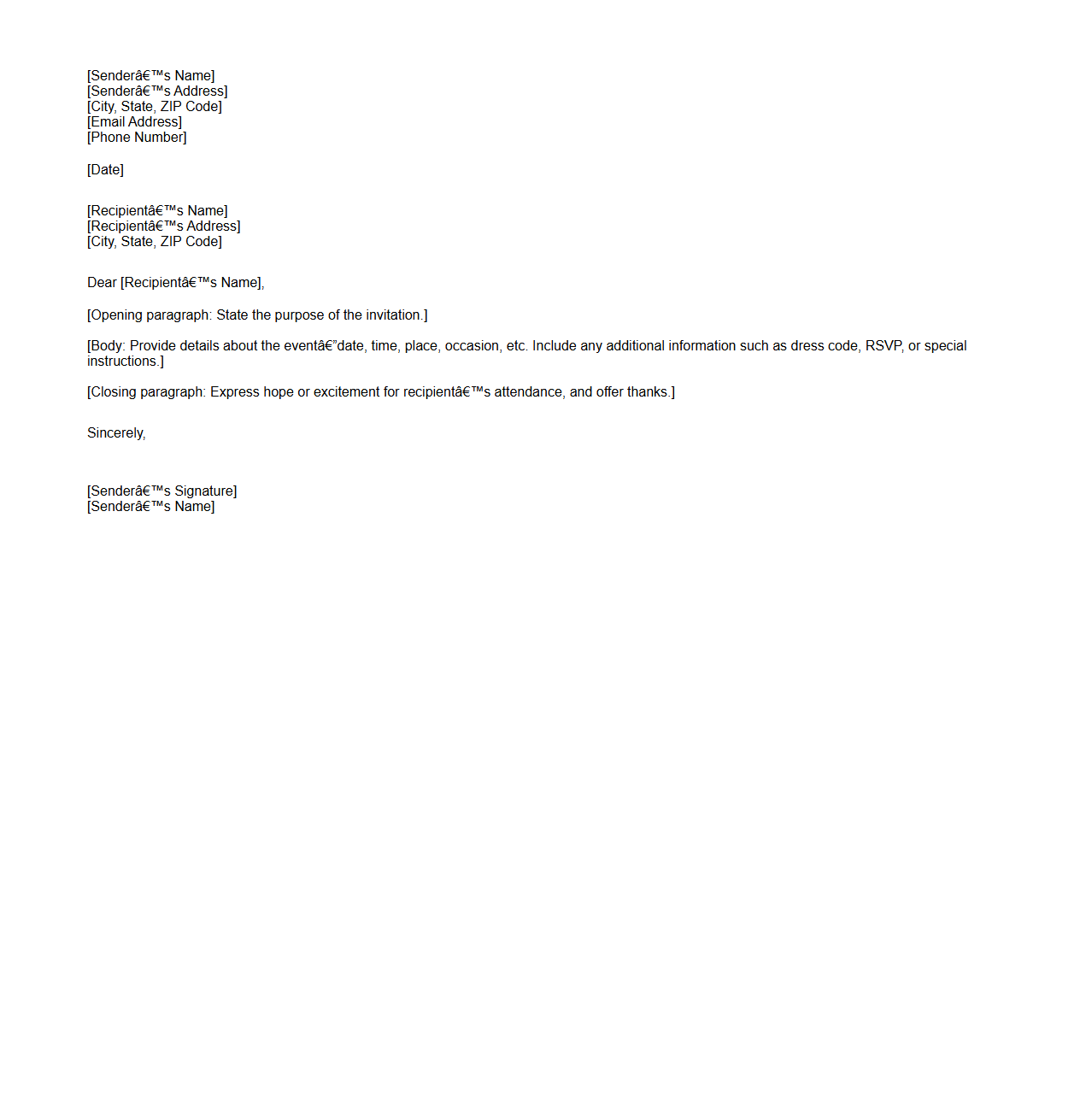 Blank Personal Invitation Letter Structure