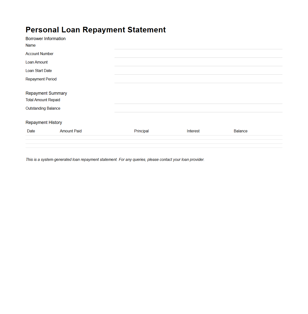 Blank Personal Loan Repayment Statement