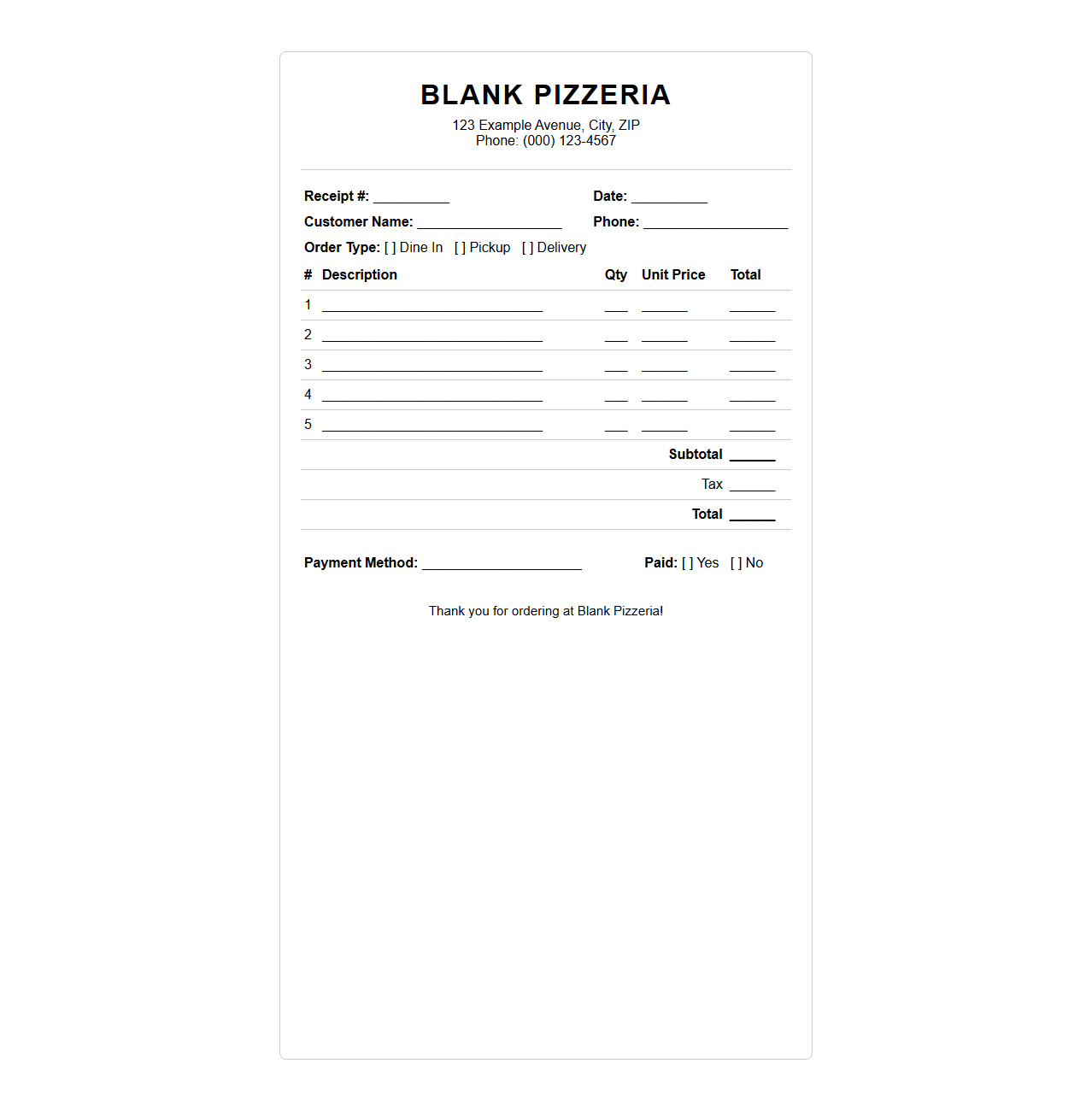 Blank Pizzeria Receipt Template