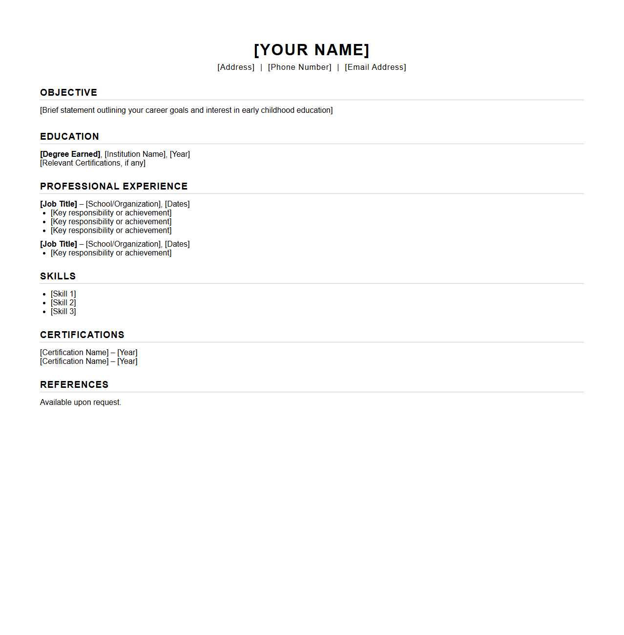 Blank Preschool Teacher Resume Template for Early Childhood Educators