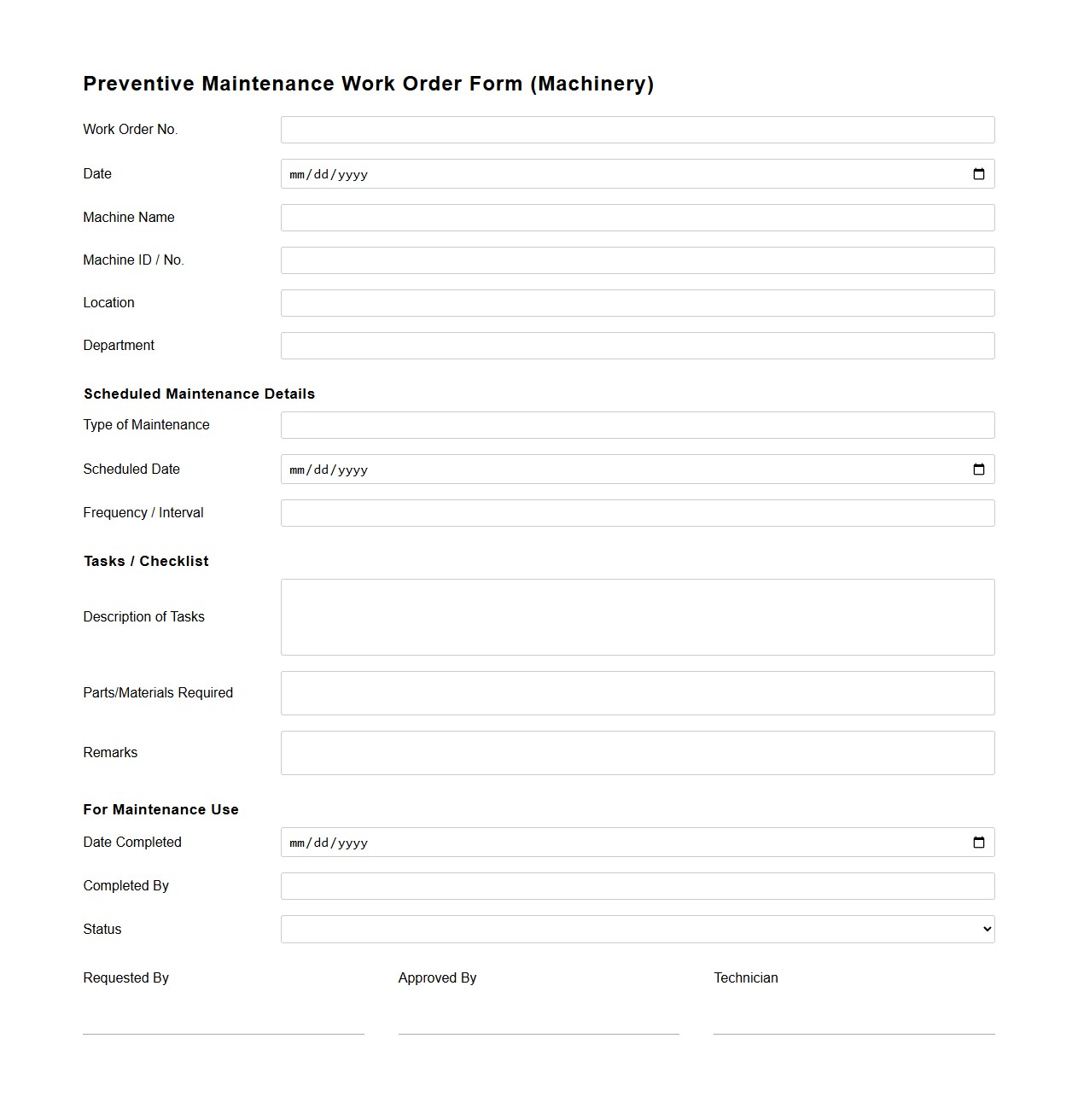 Blank Preventive Maintenance Work Order Form for Machinery