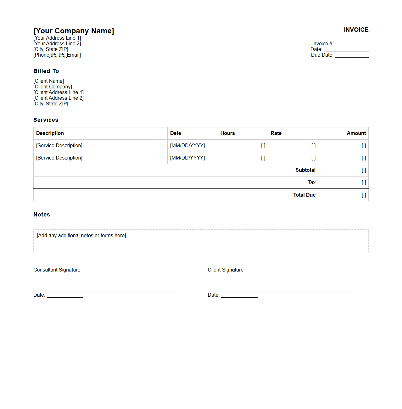 Blank Professional Services Consulting Invoice