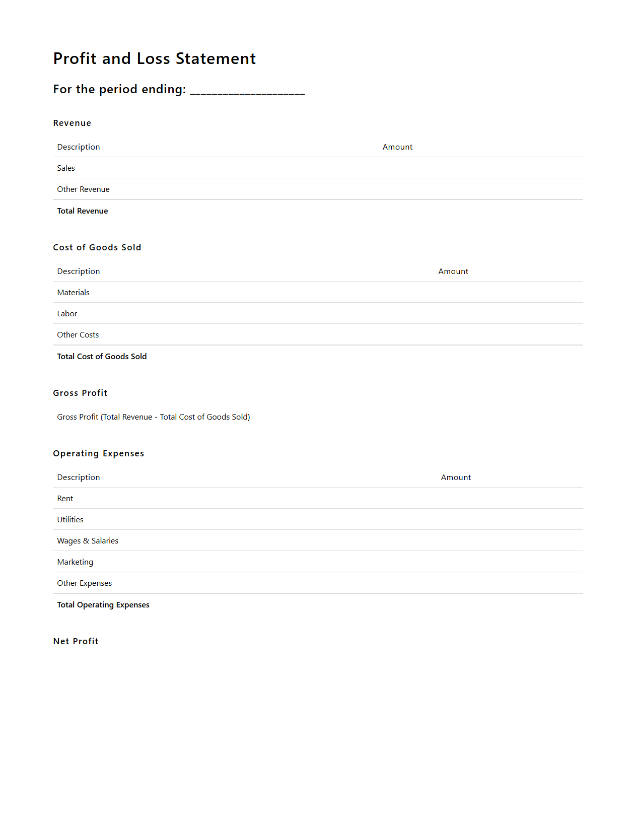 Blank Profit and Loss Statement Template for Entrepreneurs