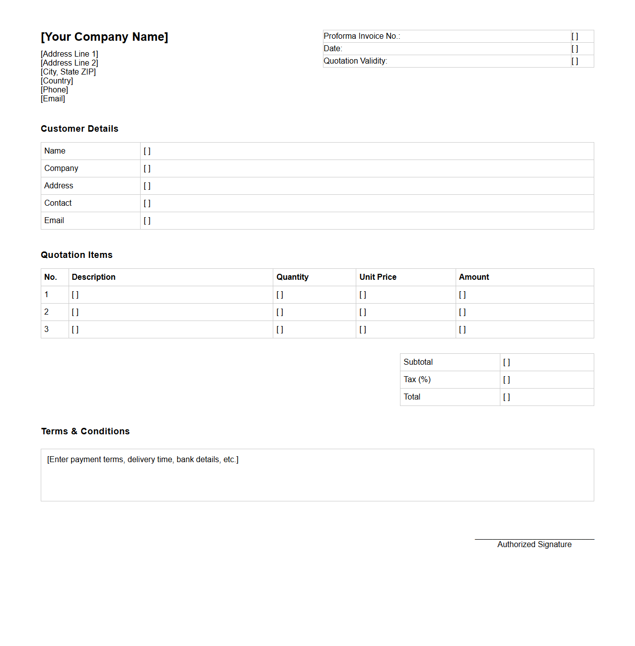 Blank Proforma Quotation Invoice Sheet