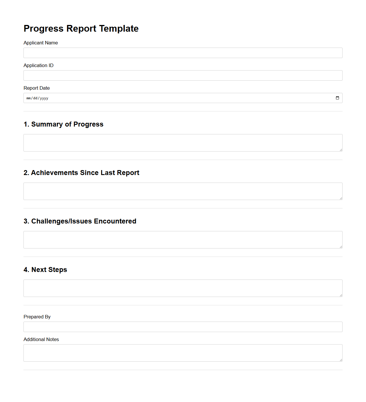 Blank Progress Report Template for Applications