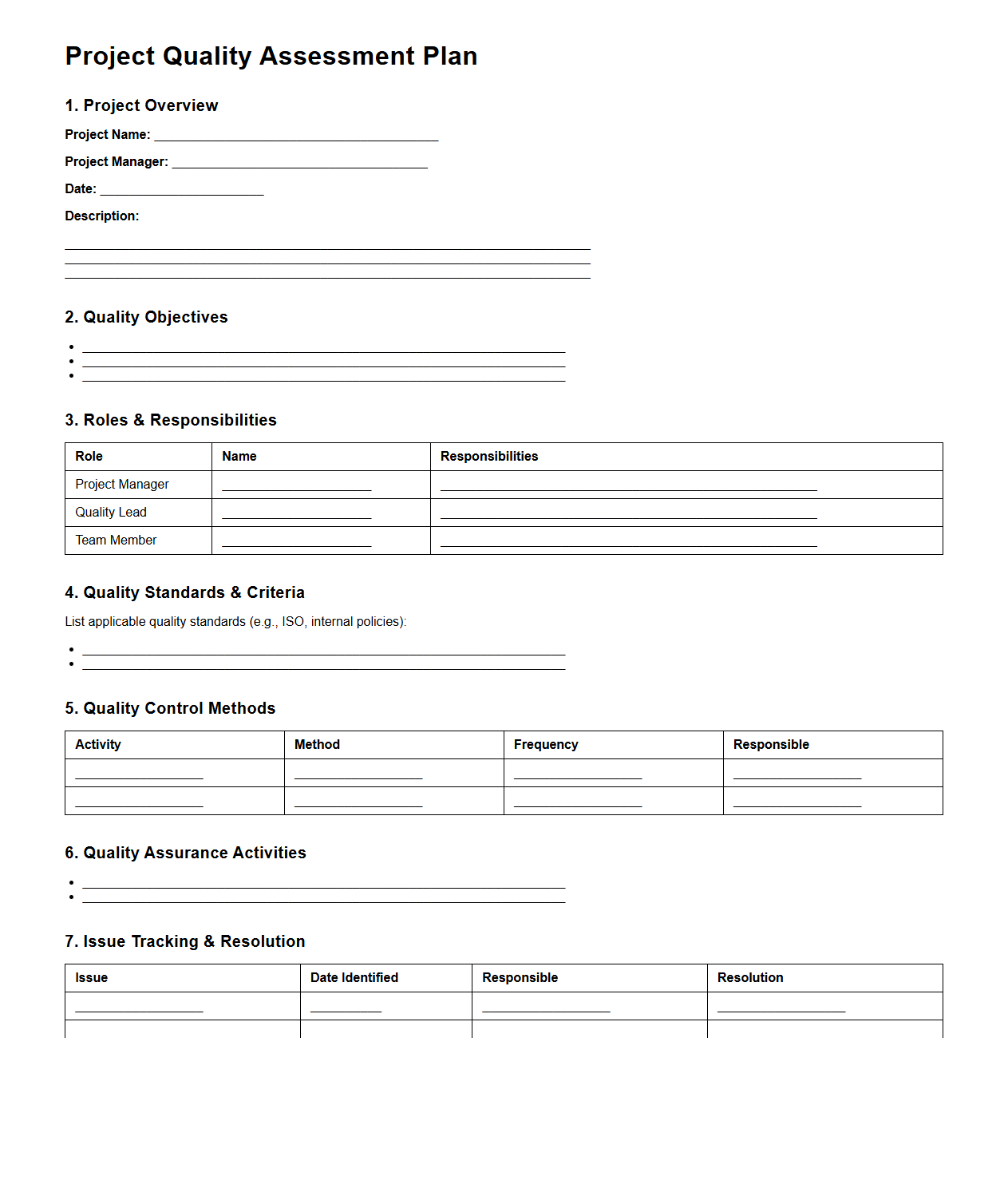 Blank Project Quality Assessment Plan Template