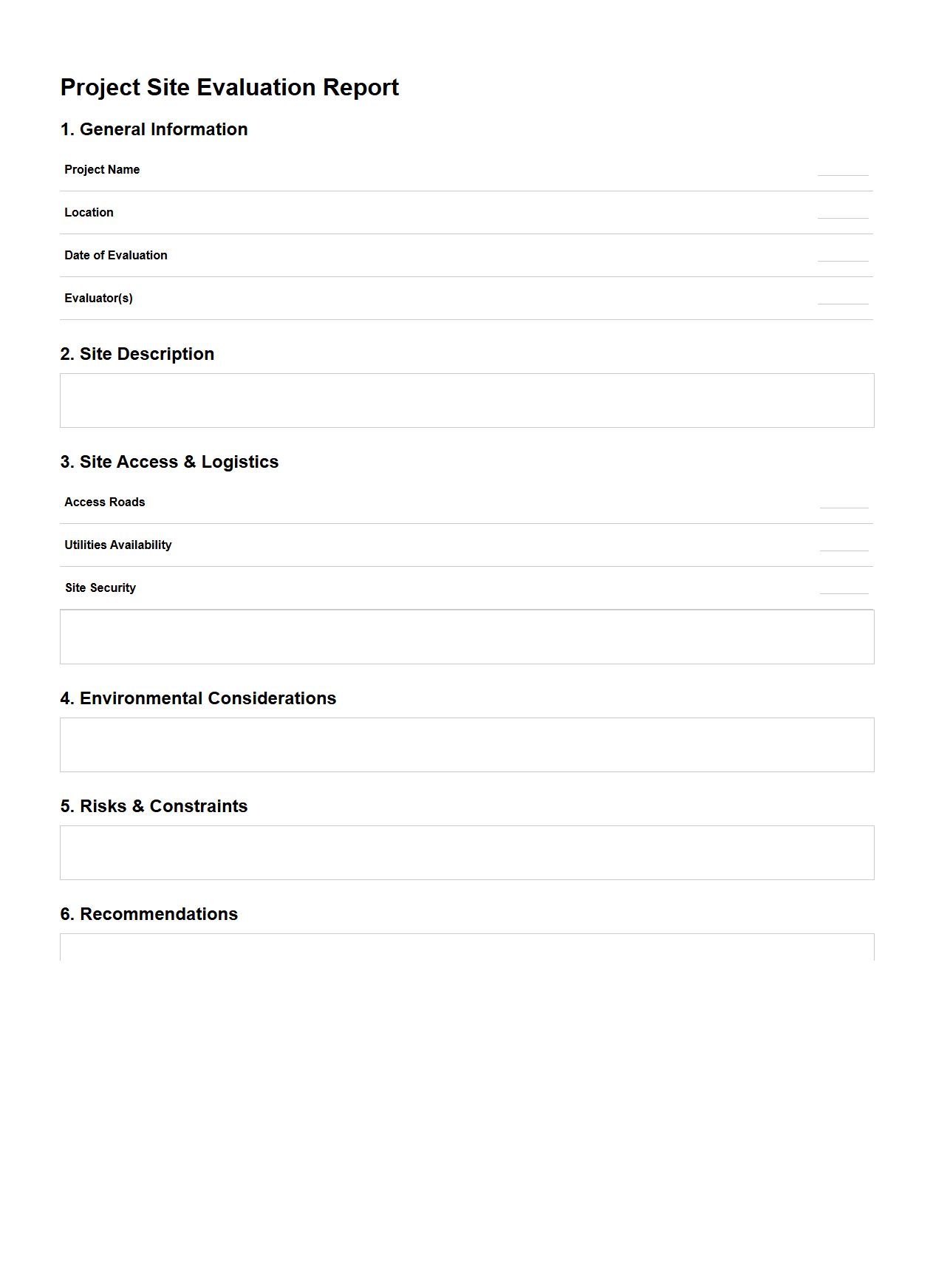Blank Project Site Evaluation Report Template