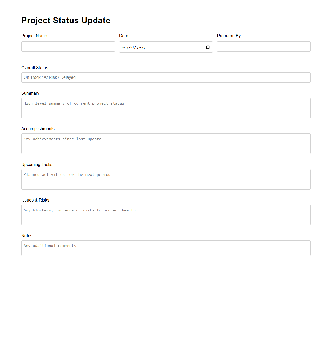 Blank Project Status Update Template