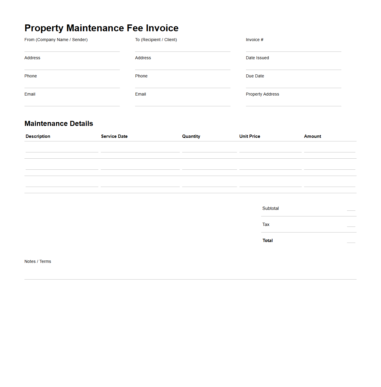 Blank Property Maintenance Fee Invoice Template