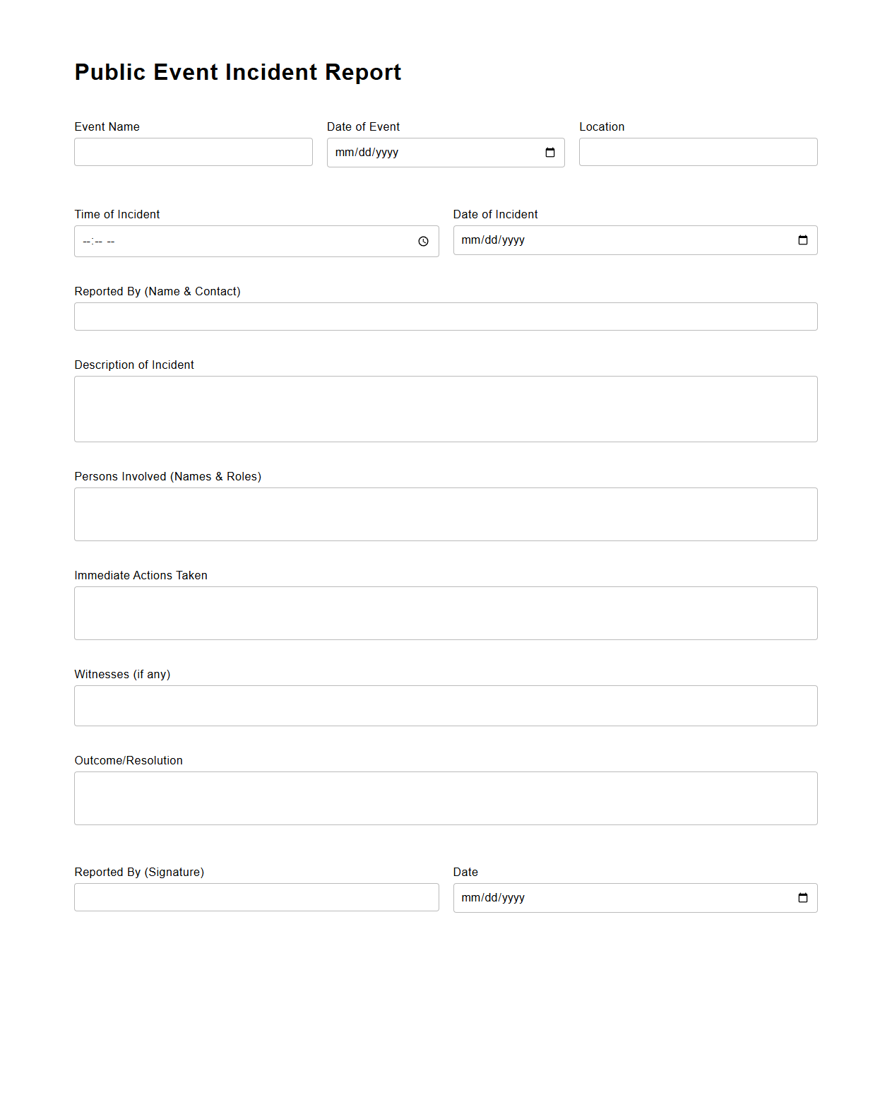 Blank Public Event Incident Report Format