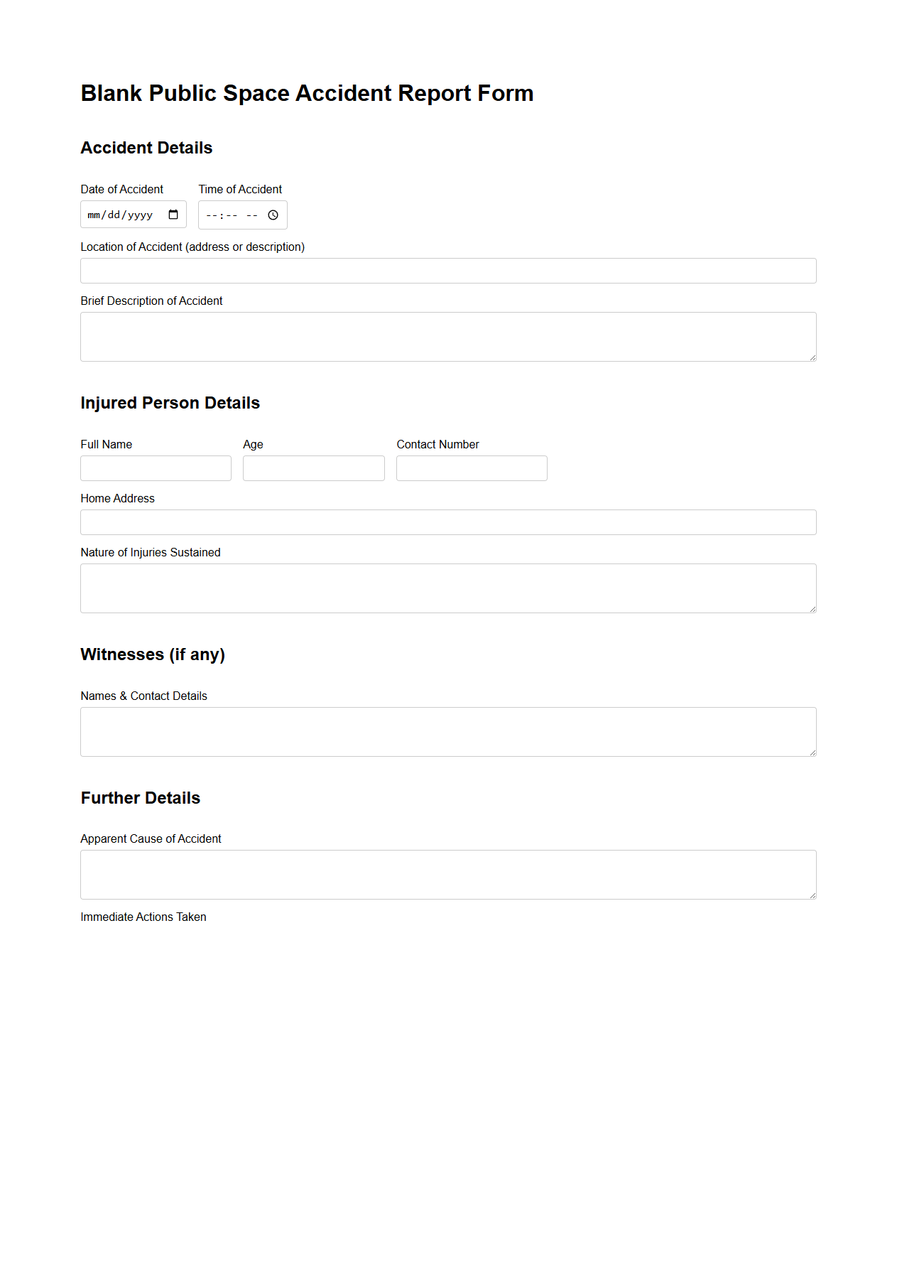Blank Public Space Accident Report Form