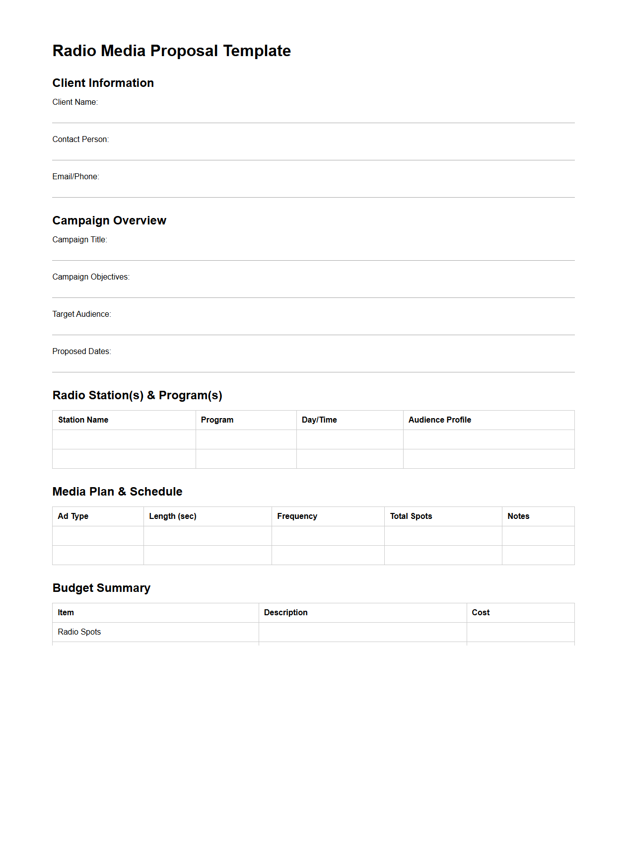 Blank Radio Media Proposal Template for Advertising Campaigns
