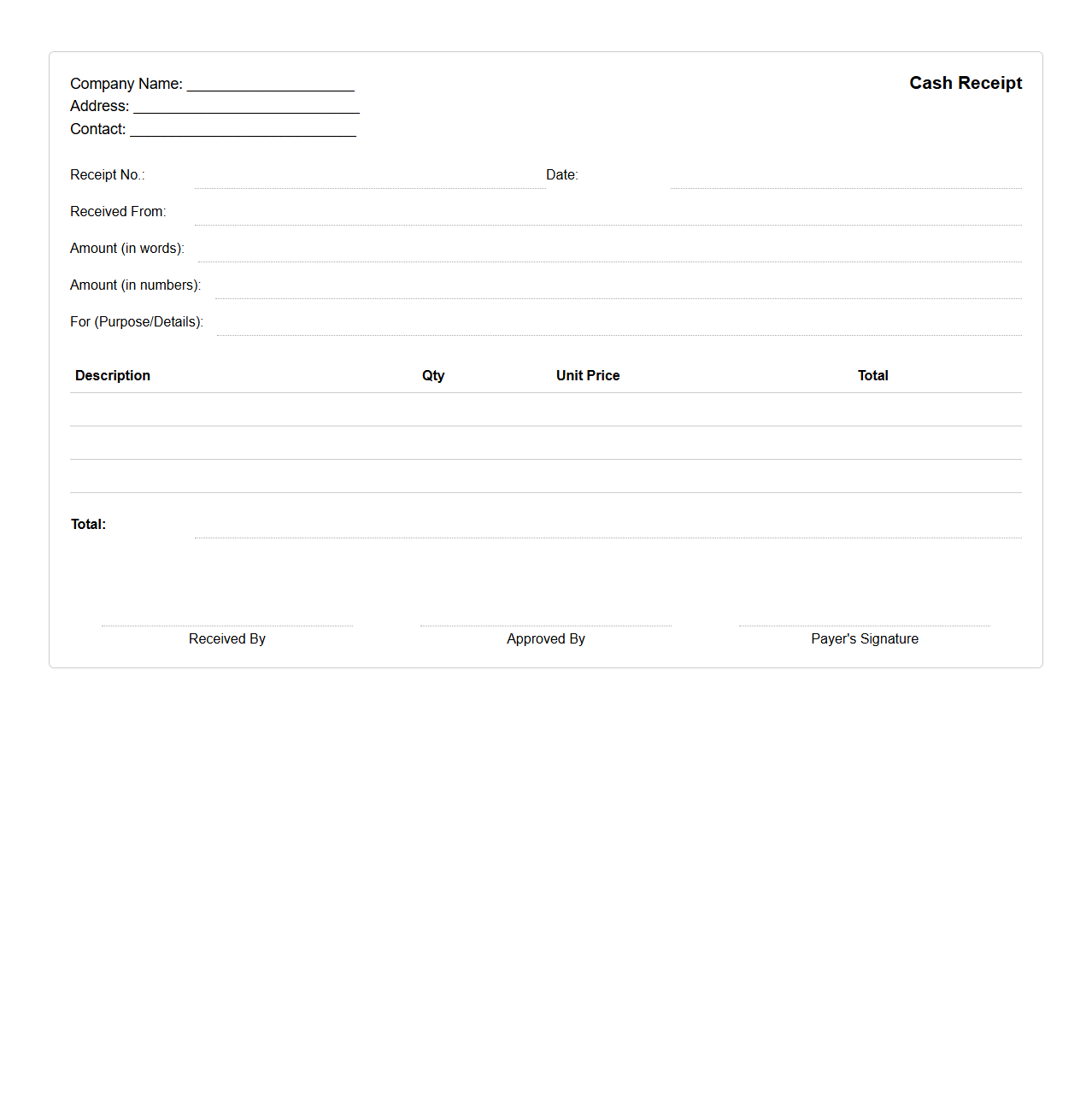 Blank Receipt Layout for Cash Payments