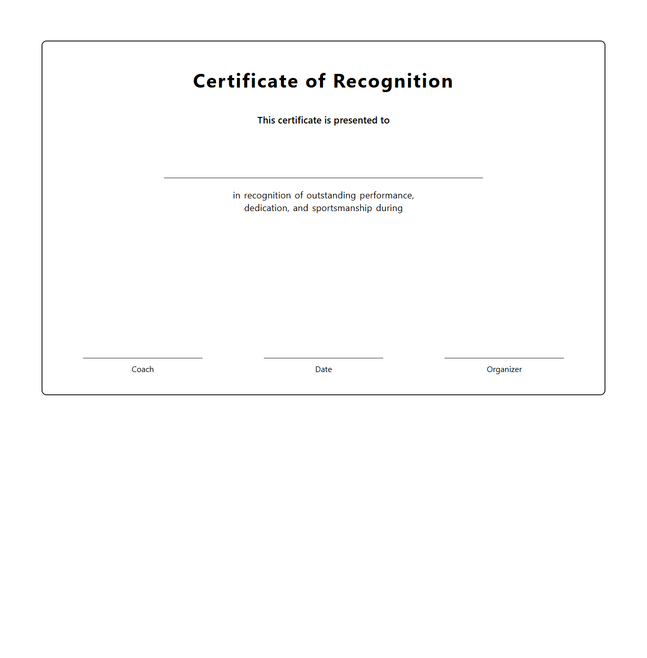 Blank Recognition Certificate Template for Sports Competitions