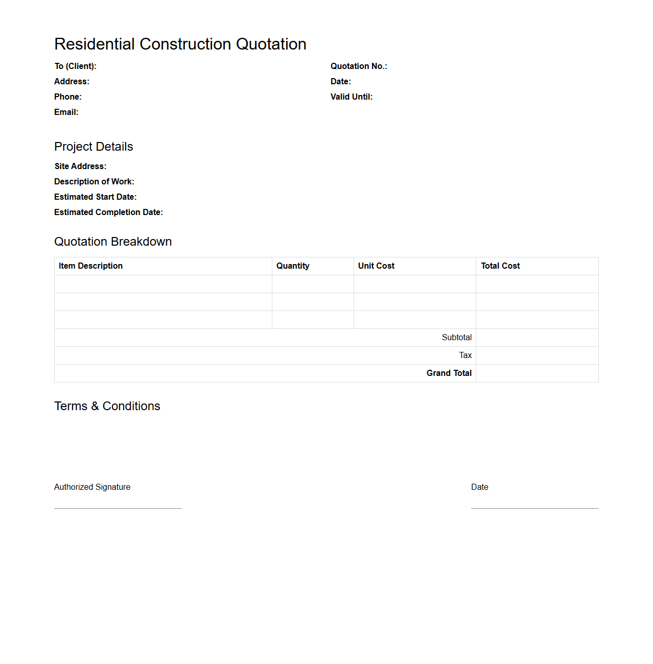 Blank Residential Construction Quotation Template