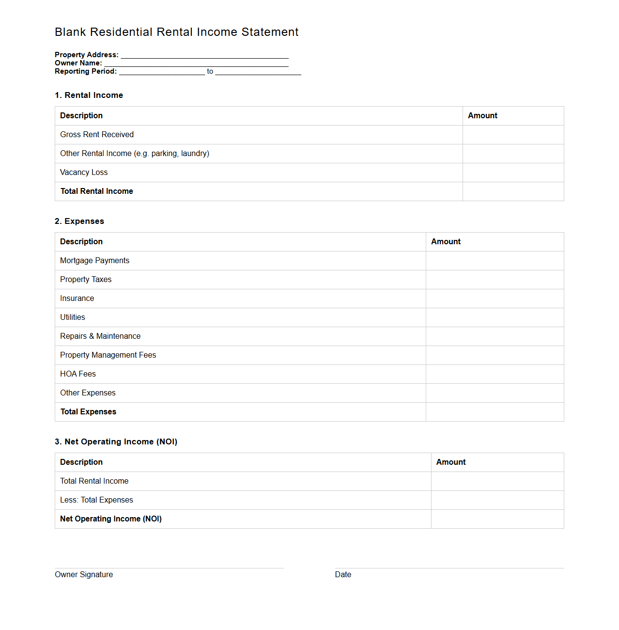 Blank Residential Rental Income Statement Template