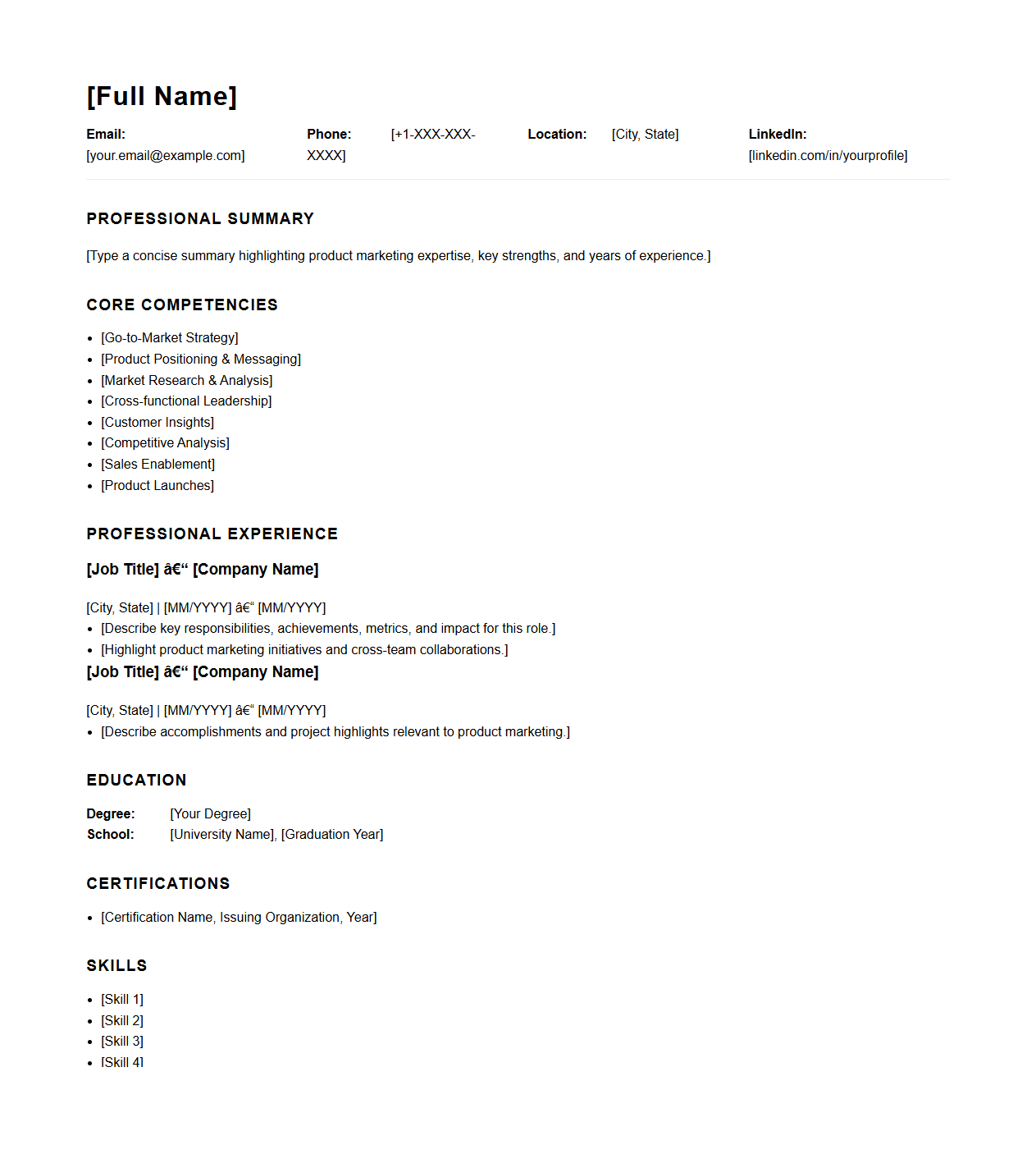 Blank Resume Draft for Product Marketing Experts