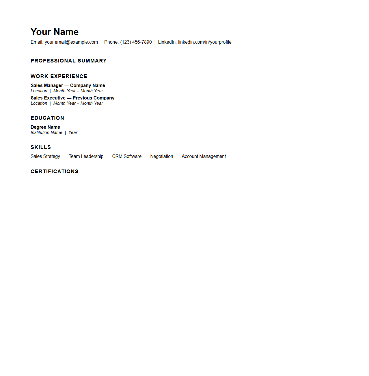 Blank Resume Template for Sales Manager Positions