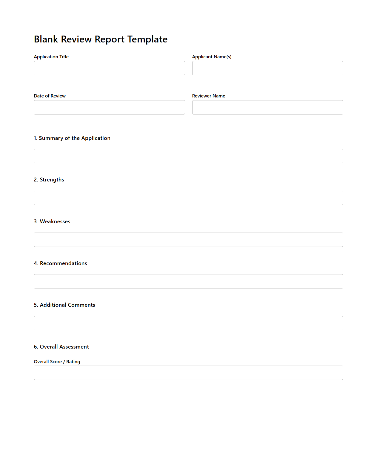 Blank Review Report Template for Applications