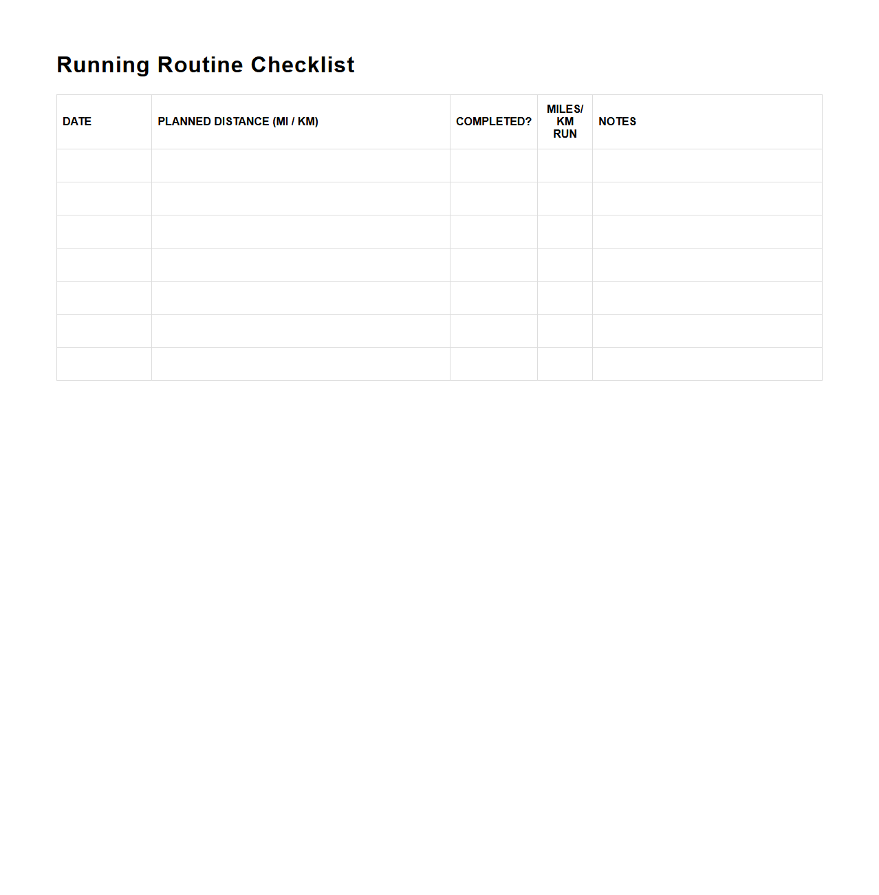 Blank Running Routine Checklist Template for Mileage Tracking