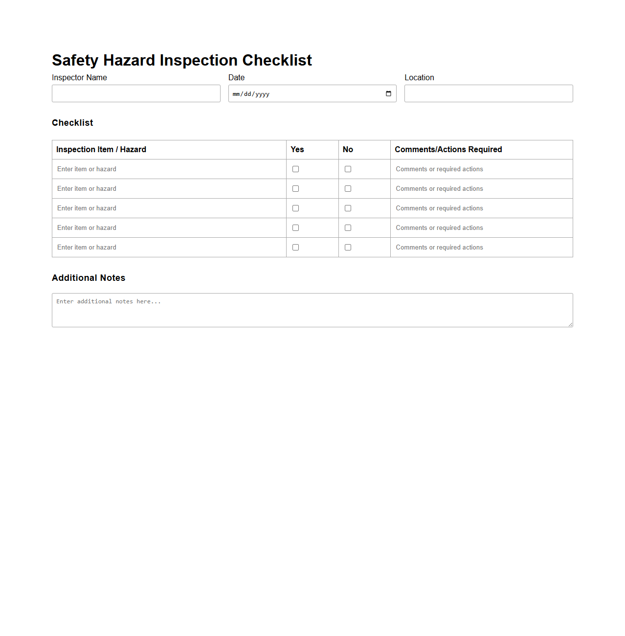 Blank Safety Hazard Inspection Checklist Template