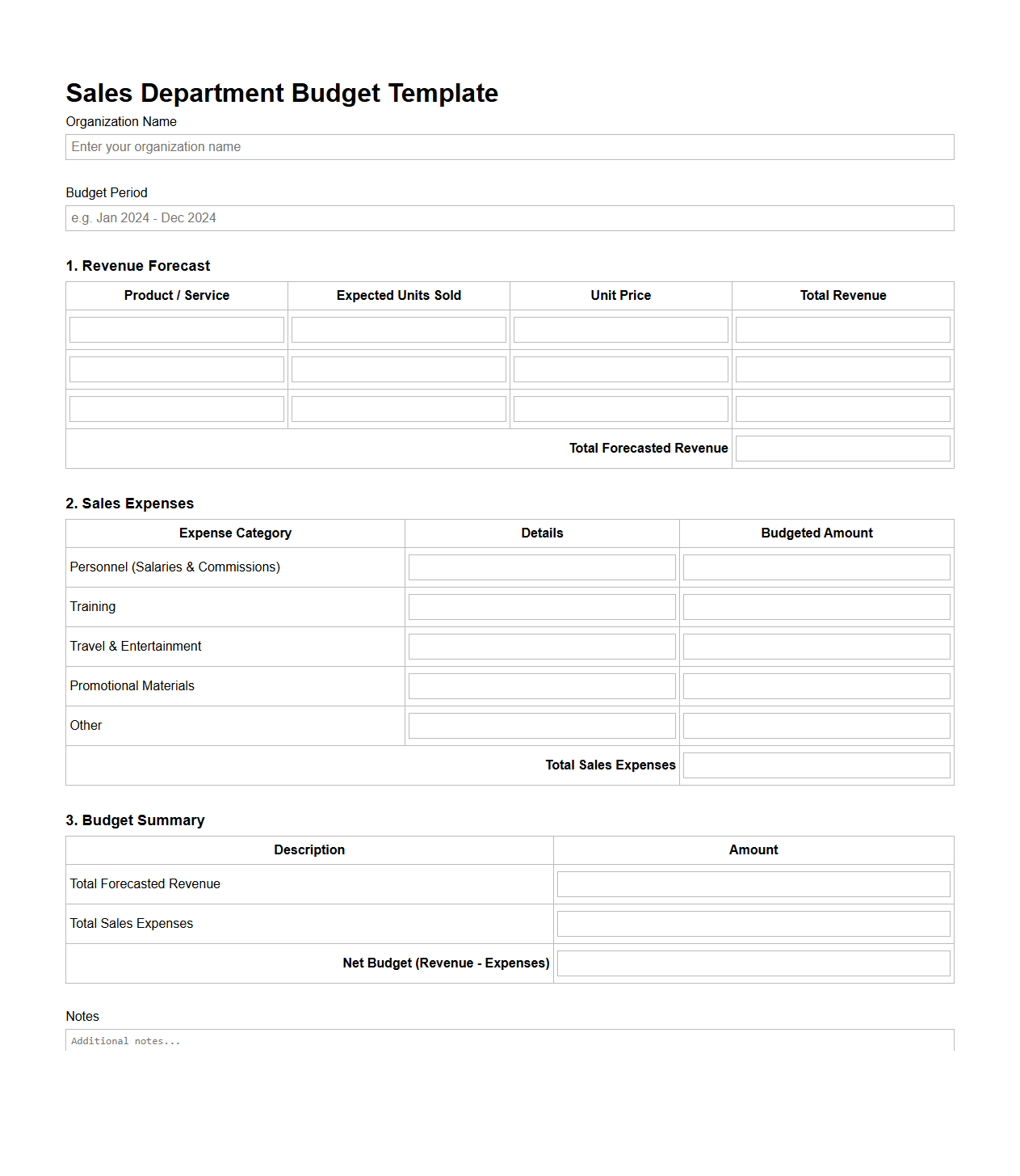 Blank Sales Department Budget Template for Organizations