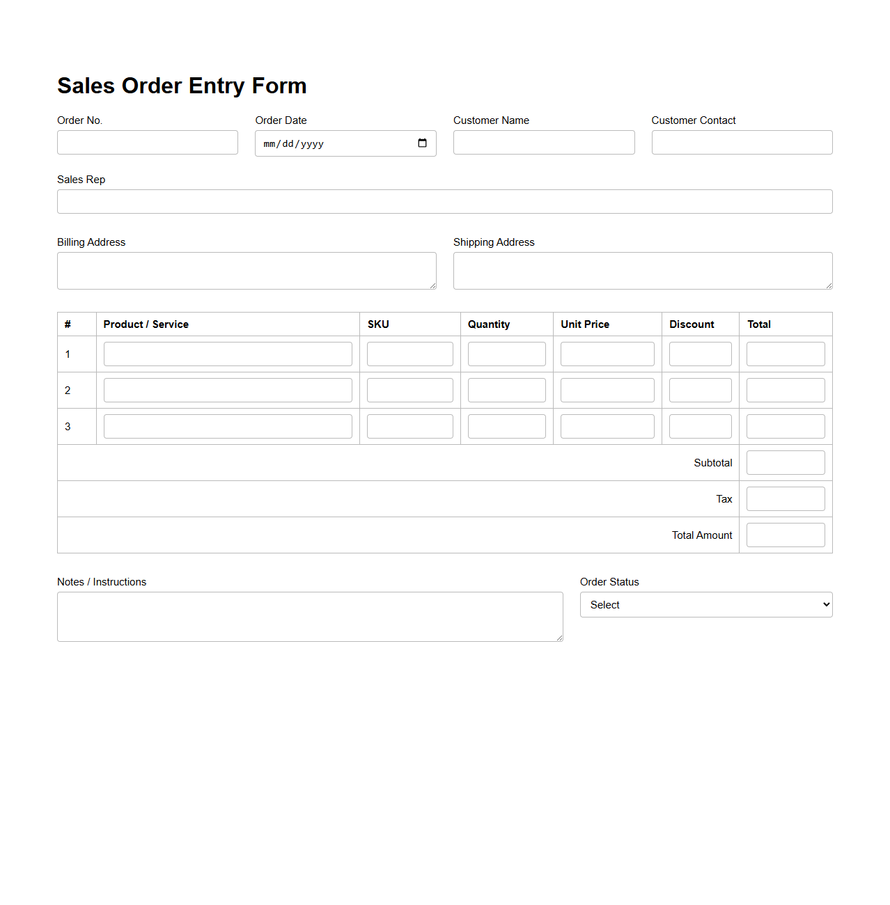 Blank Sales Order Entry Form