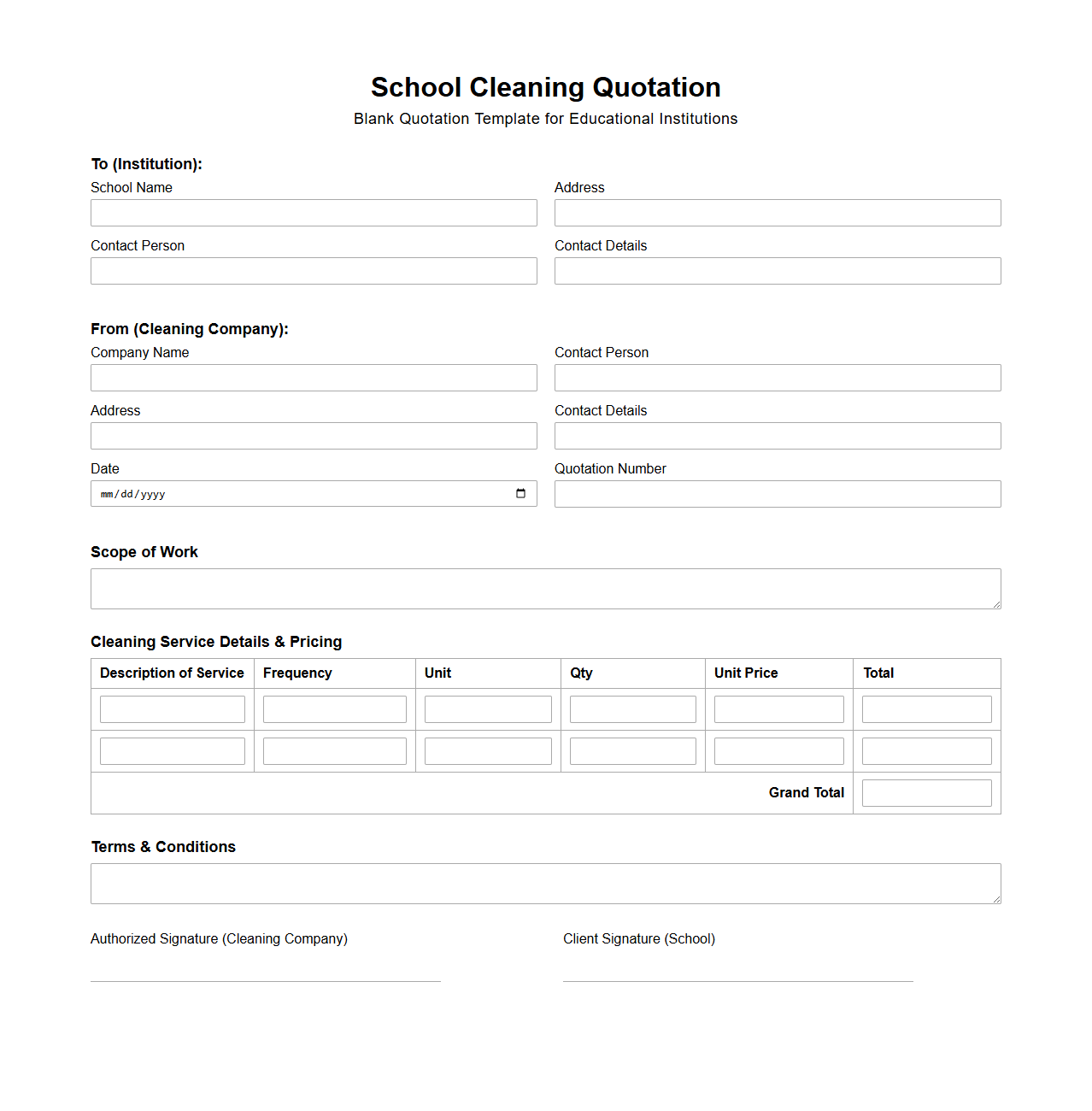 Blank School Cleaning Quotation Template for Educational Institutions