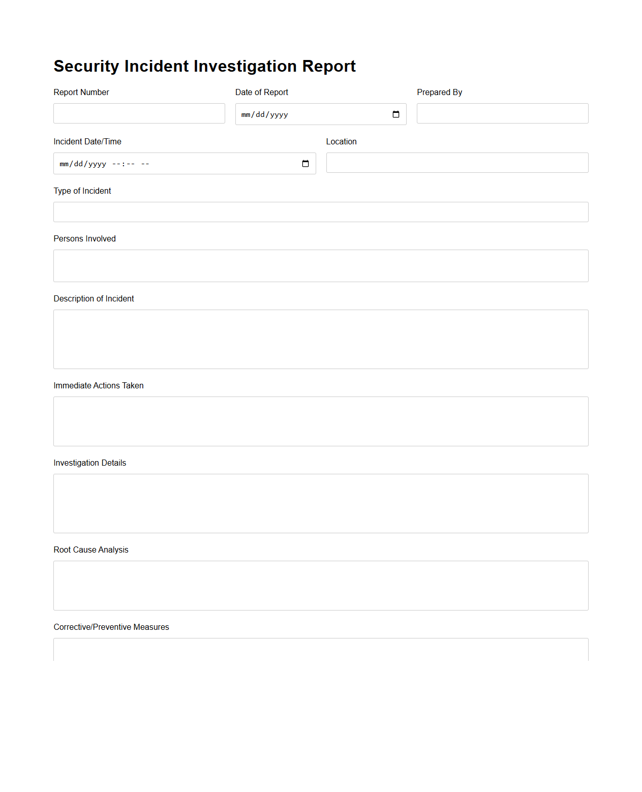 Blank Security Incident Investigation Report Template