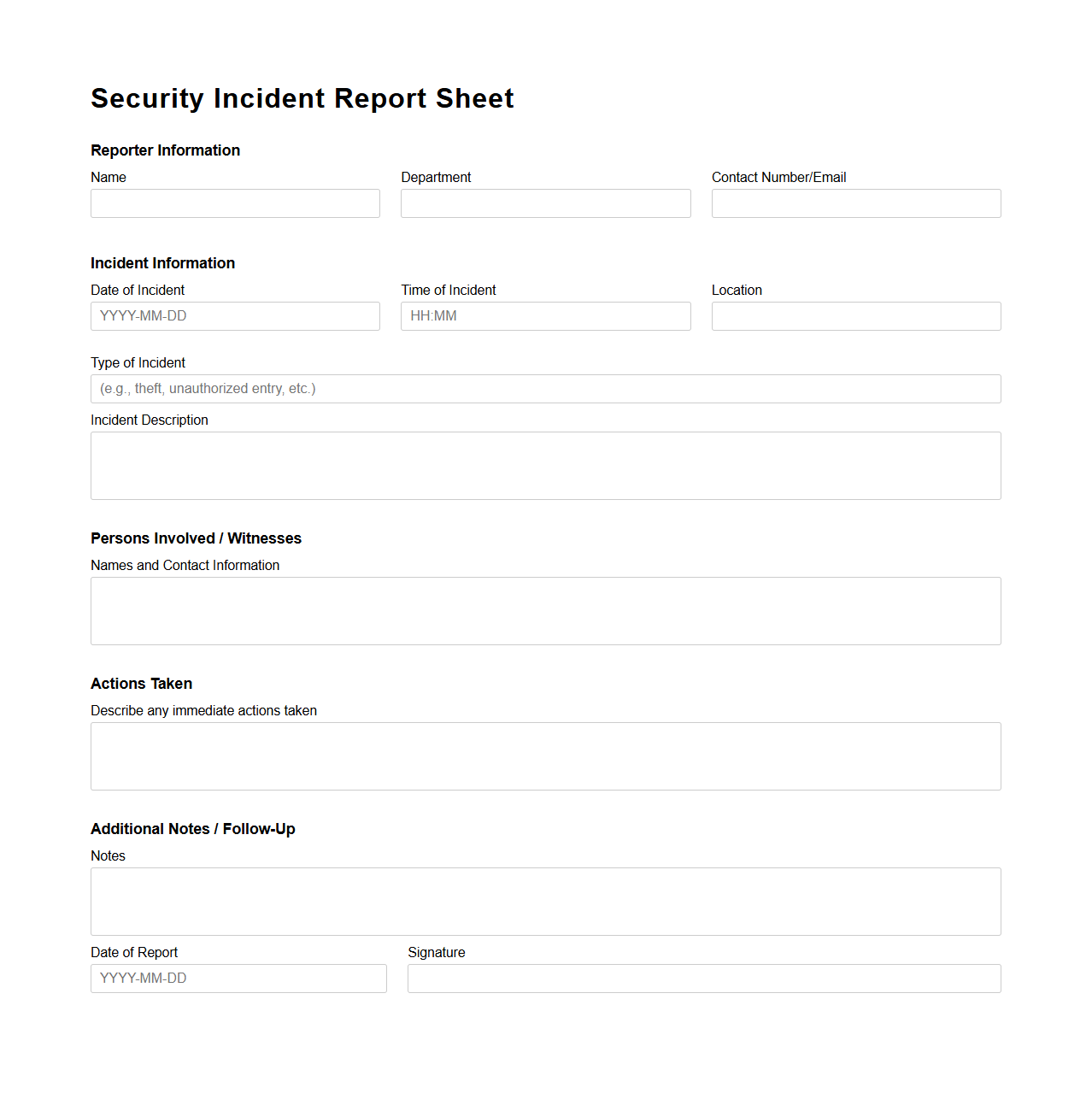 Blank Security Incident Report Sheet for Offices