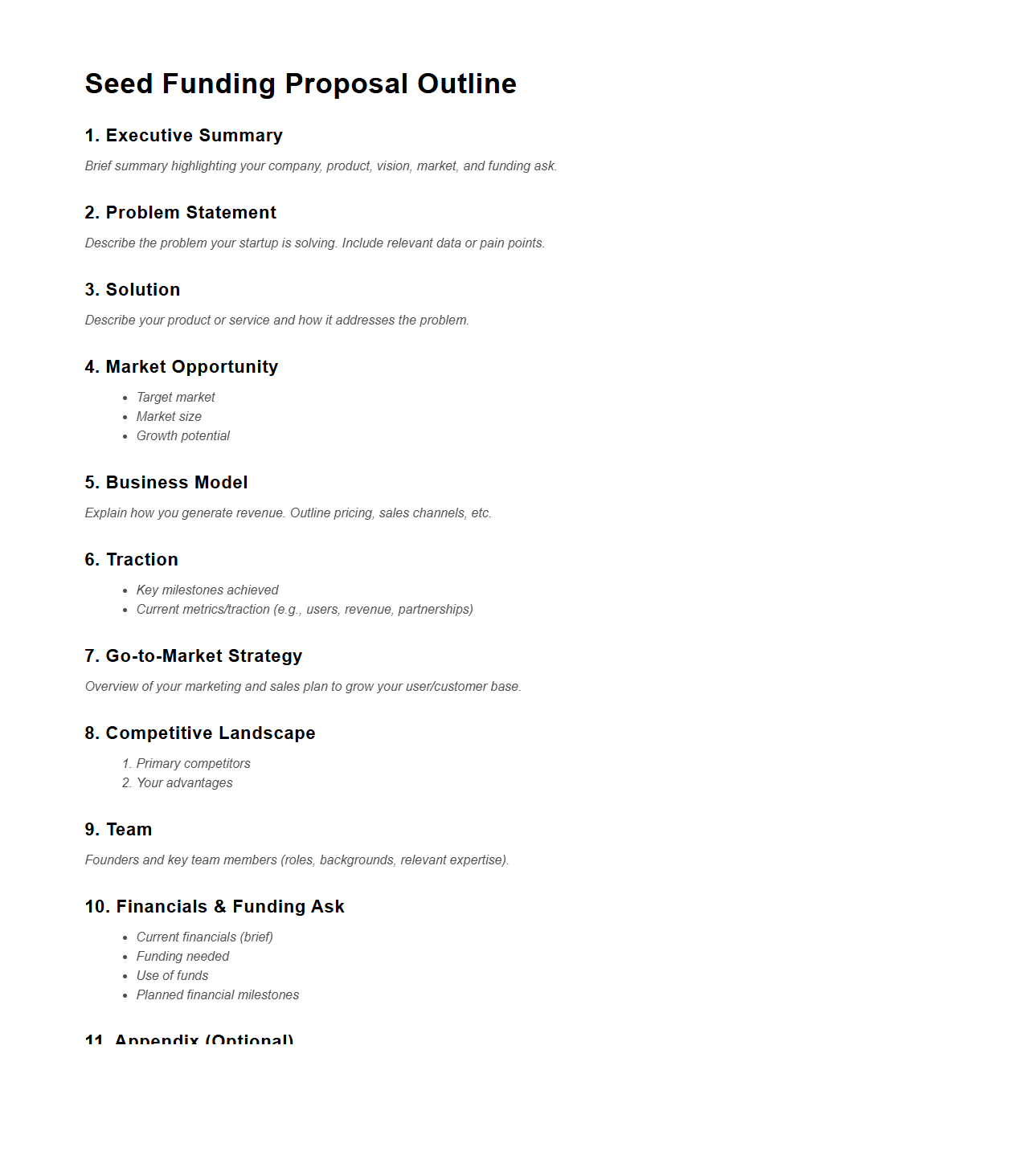 Blank Seed Funding Proposal Outline for Tech Startups