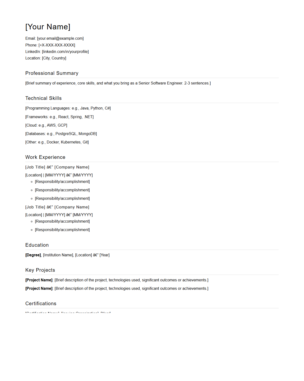 Blank Senior Software Engineer CV Template