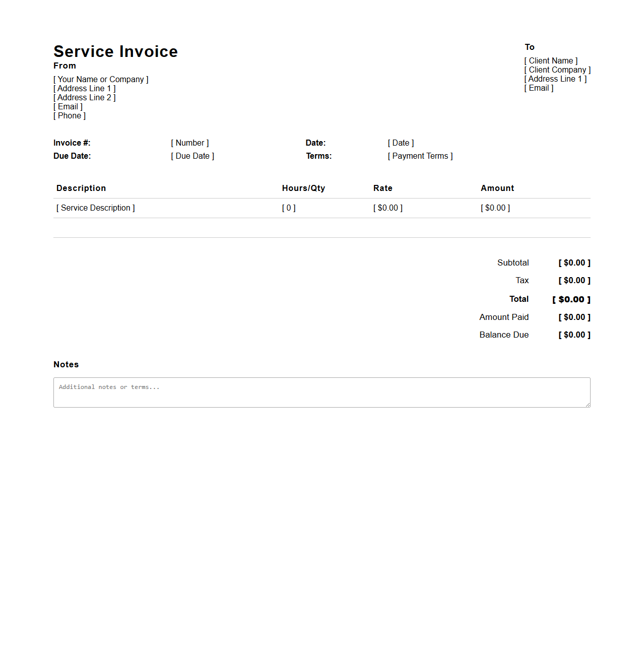 Blank Service Invoice Template for Freelancers