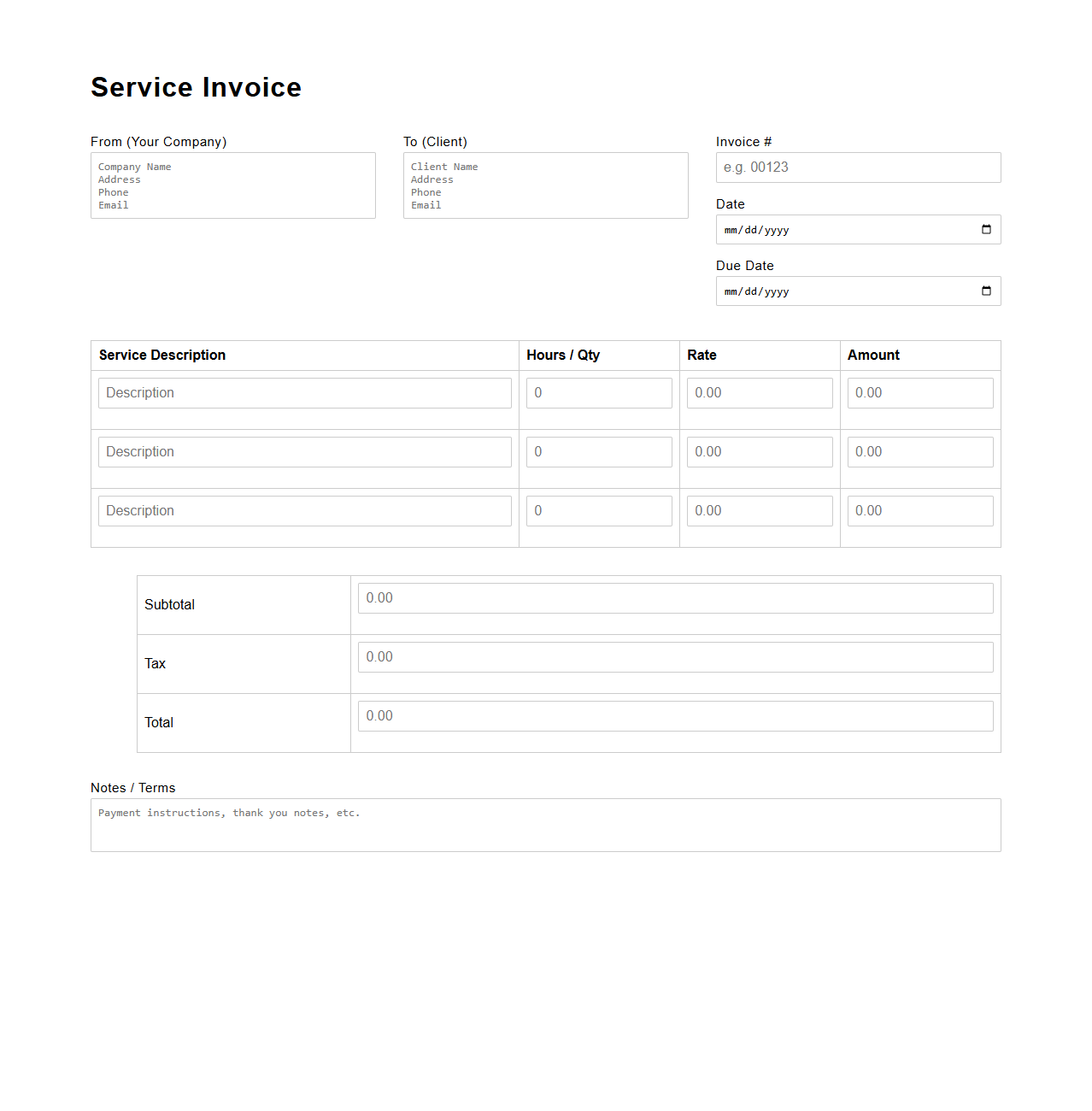 Blank Service Invoice Template for Small Enterprises