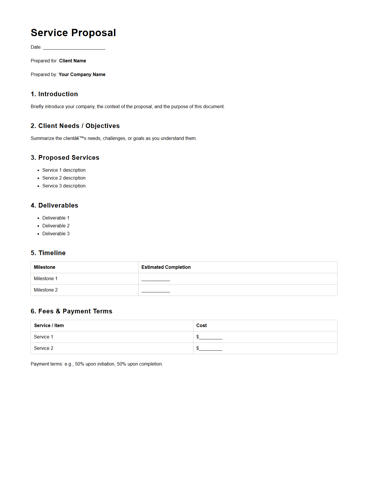 Blank Service Proposal Template for Client Submission